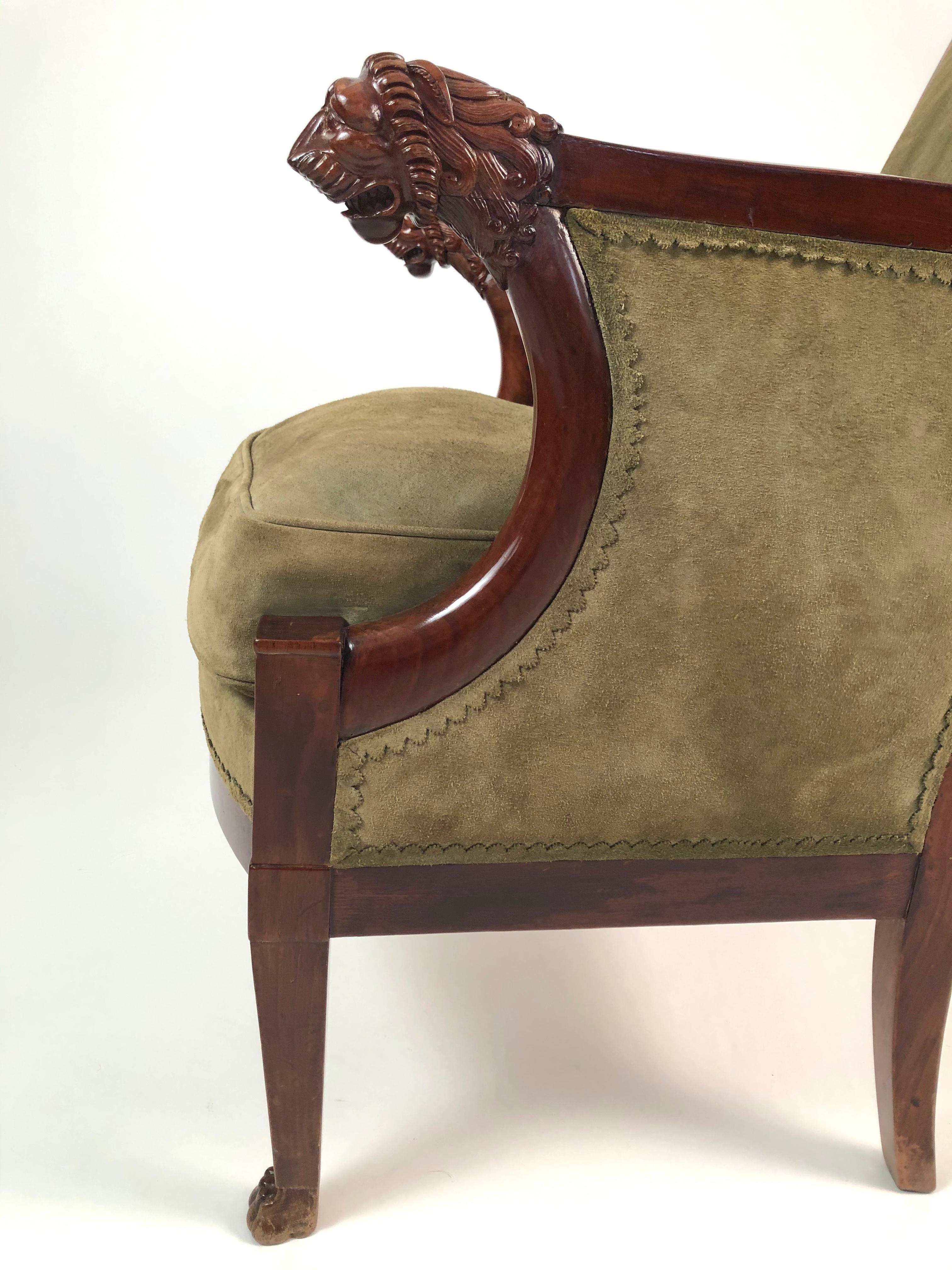 French Empire Mahogany Fauteuil with Carved Lion's Head Armrests circa 1805-1810 1