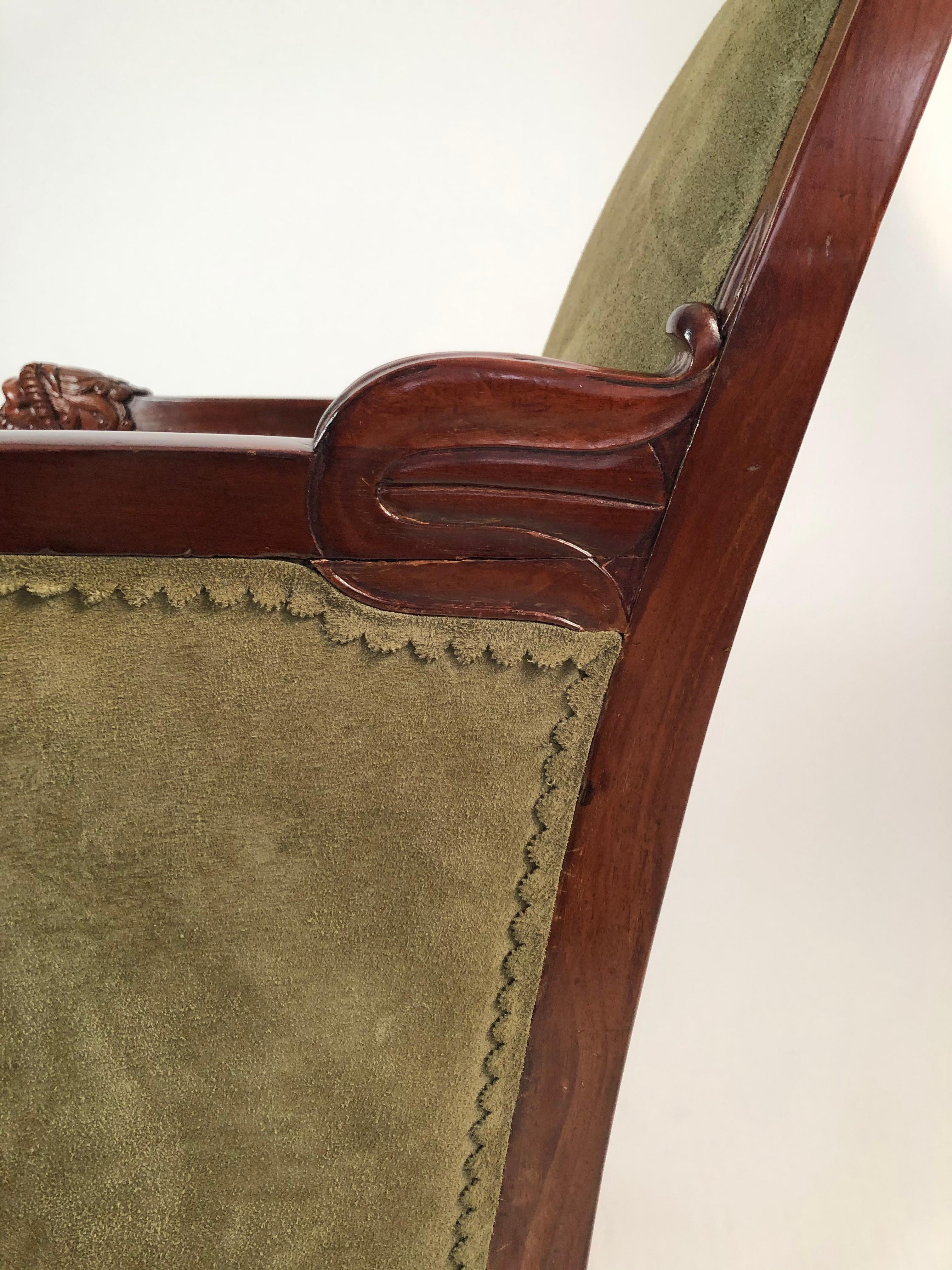 French Empire Mahogany Fauteuil with Carved Lion's Head Armrests circa 1805-1810 2