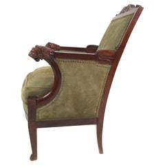 French Empire Mahogany Fauteuil with Carved Lion's Head Armrests circa 1805-1810