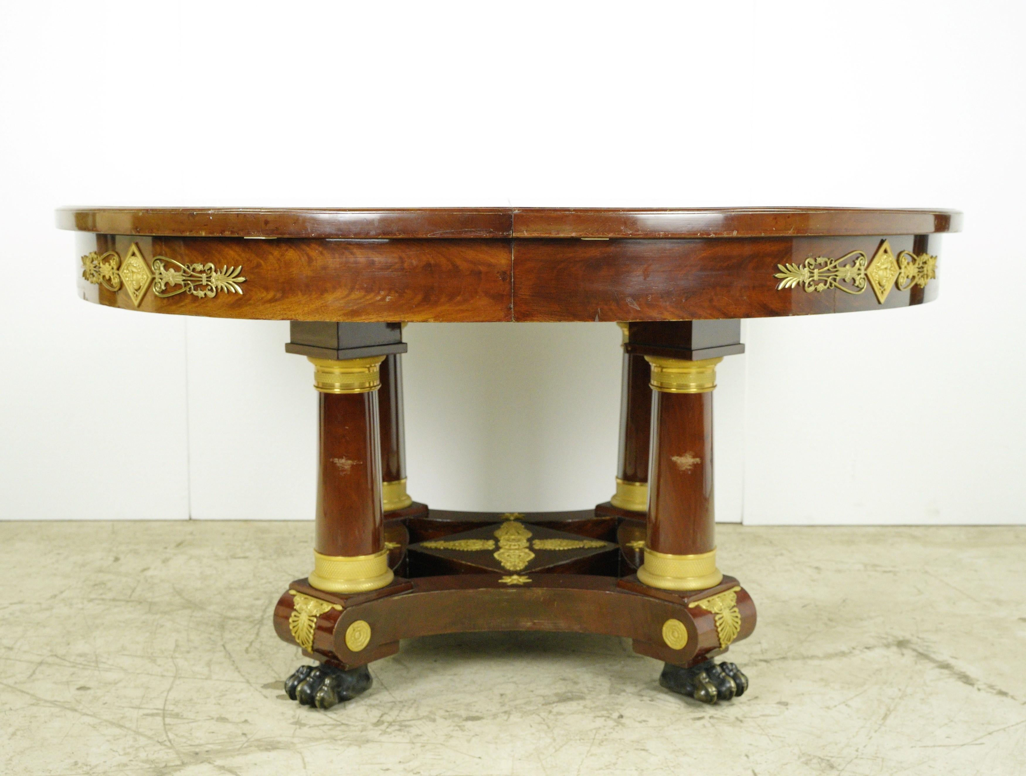 Brass French Empire Mahogany Grand Dining Room Table Set For Sale
