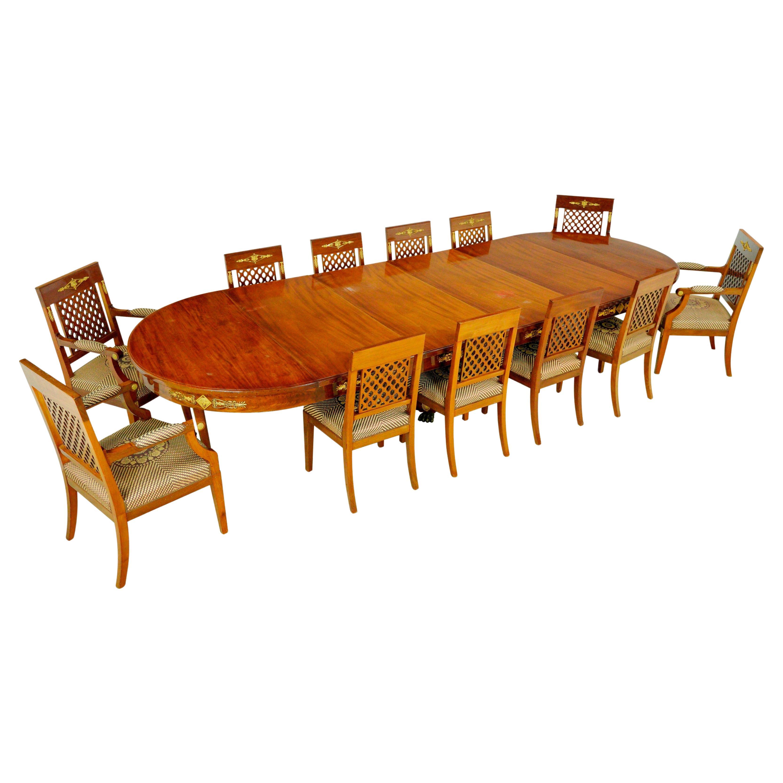 French Empire Mahogany Grand Dining Room Table Set
