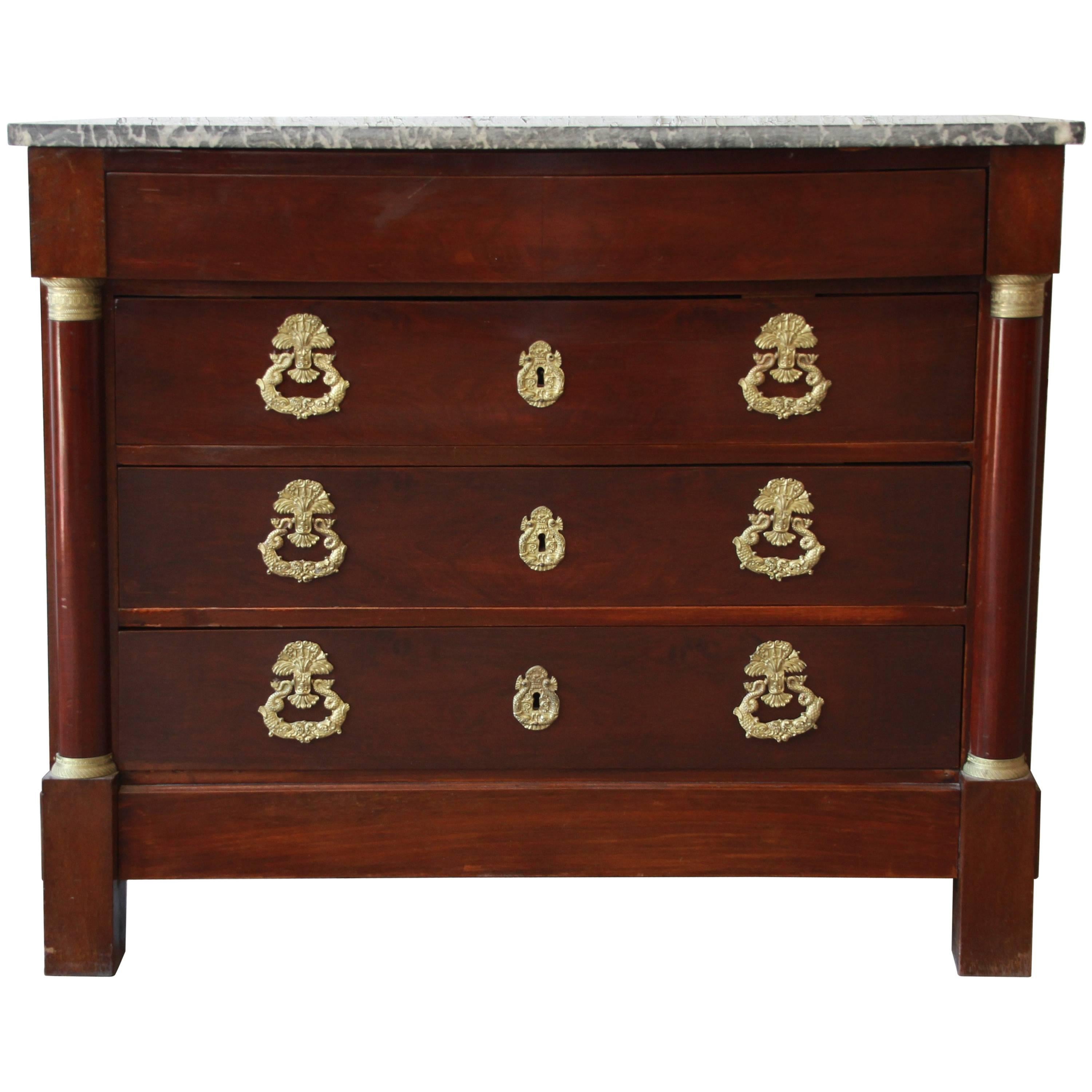 French Empire Mahogany MarbleTop Commode Chest of Drawers, circa 1850