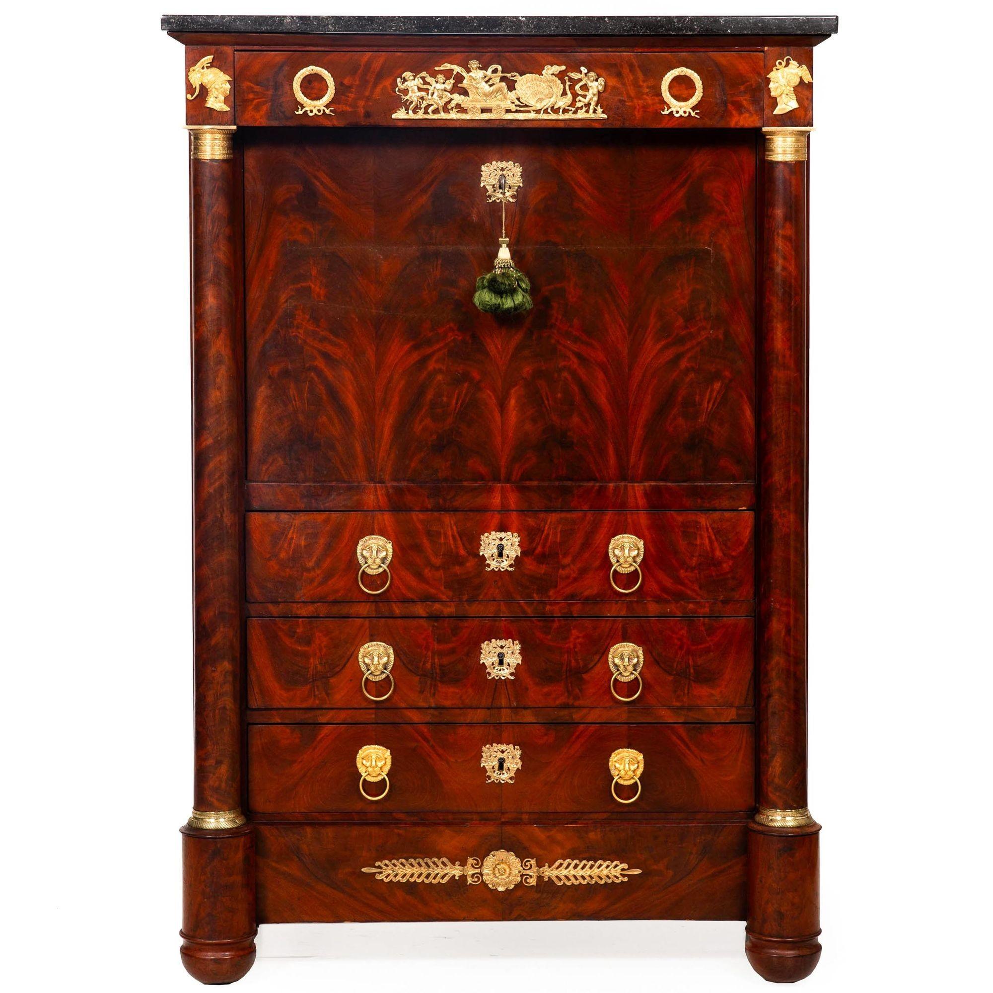 Gilt French Empire Mahogany Secretary Desk Cabinet with Drawers ca. 1830