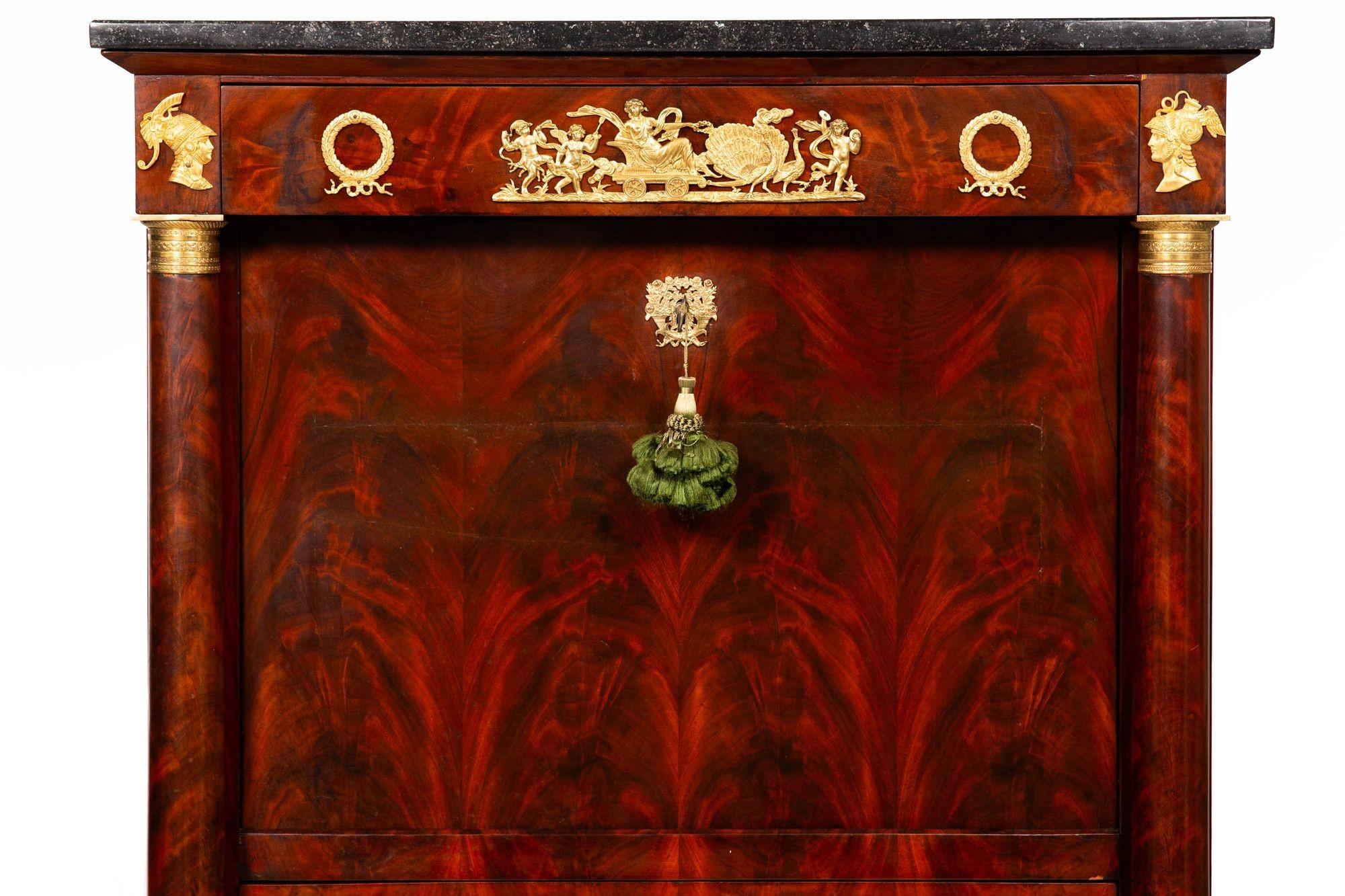 Bronze French Empire Mahogany Secretary Desk Cabinet with Drawers ca. 1830