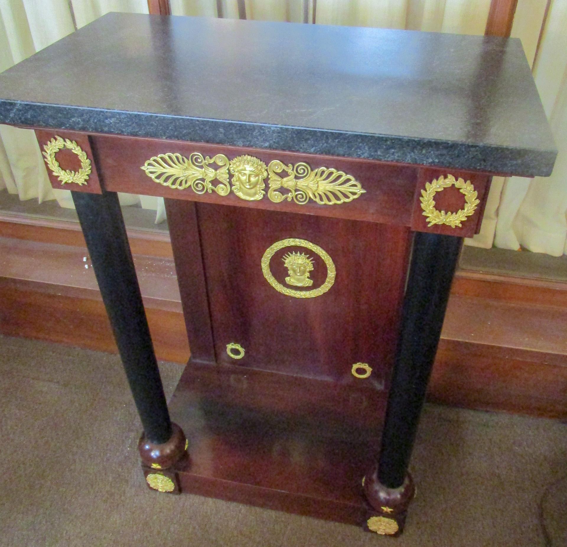 French Empire Mahogany Table with Gold Gilt Ormolu Mounts and Black Granite Top For Sale 5