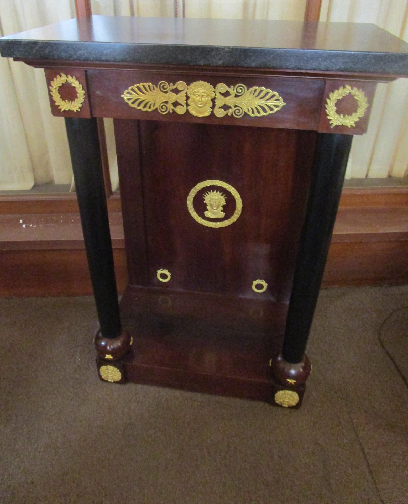 French Empire Mahogany Table with Gold Gilt Ormolu Mounts and Black Granite Top For Sale 6