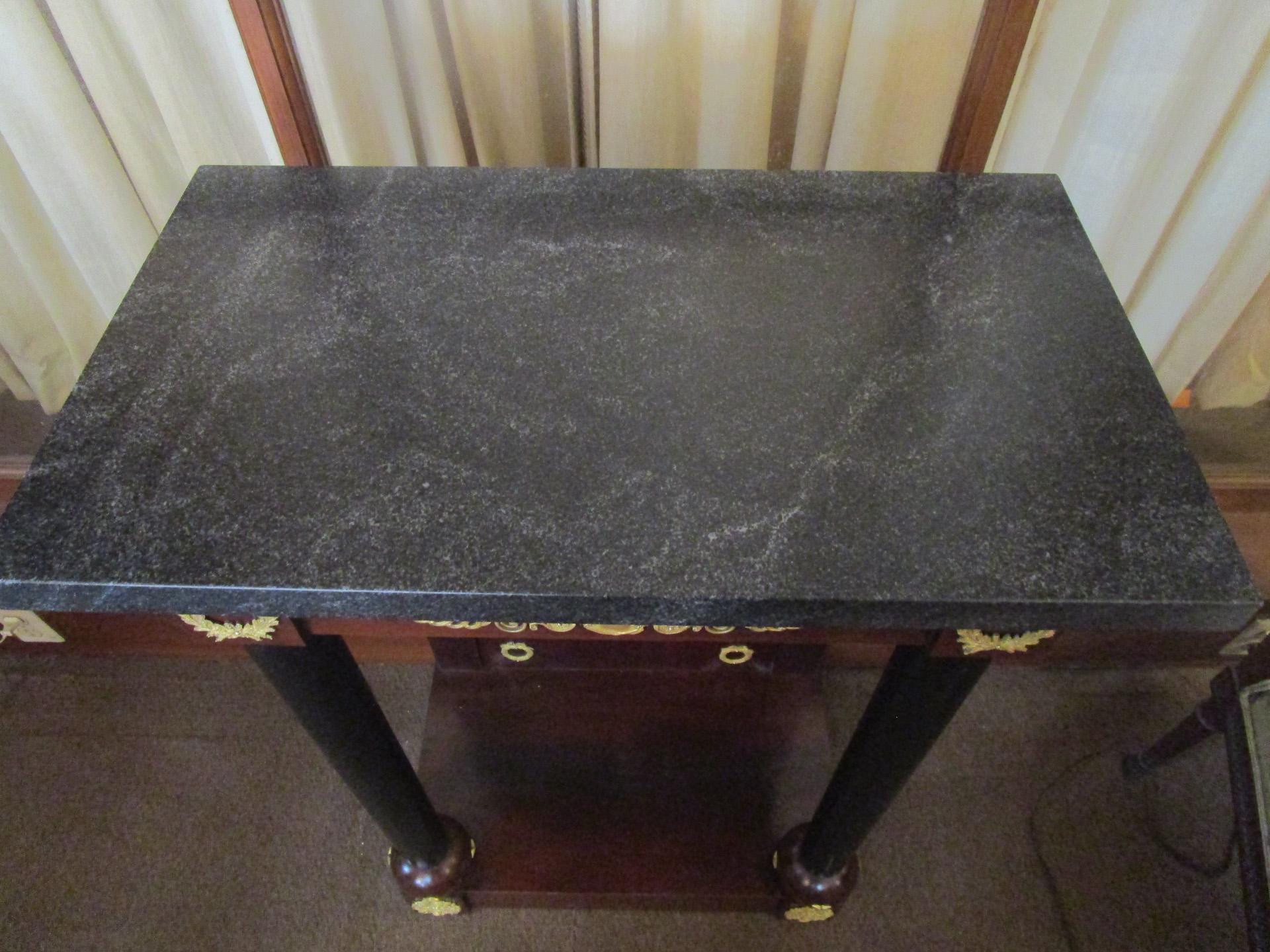 Brass French Empire Mahogany Table with Gold Gilt Ormolu Mounts and Black Granite Top For Sale