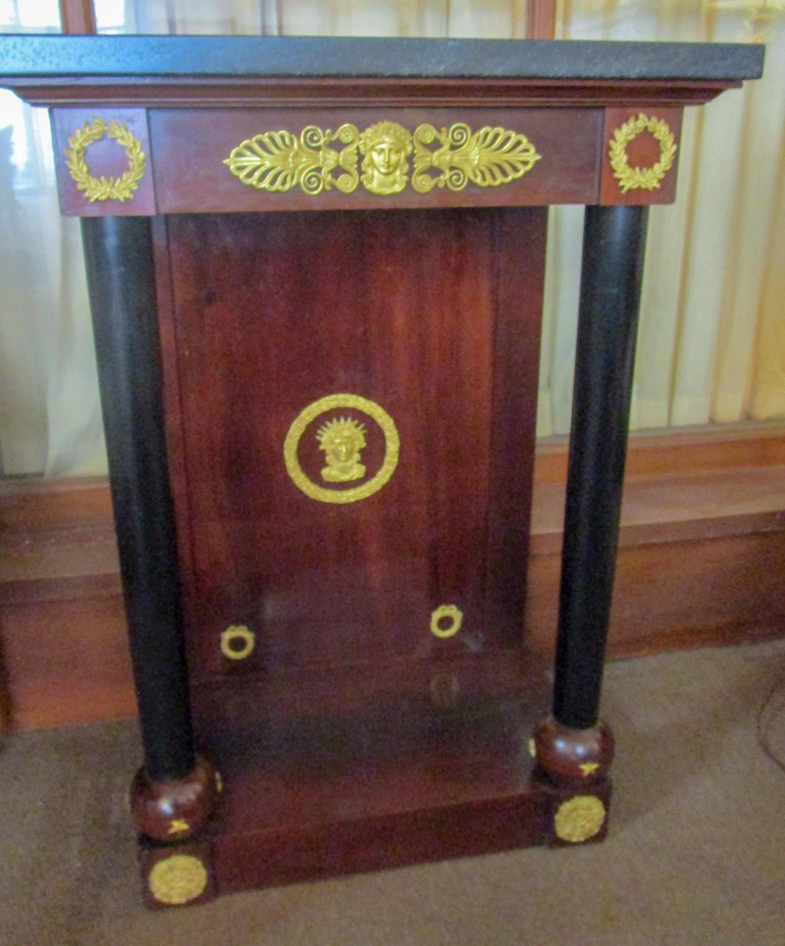 French Empire Mahogany Table with Gold Gilt Ormolu Mounts and Black Granite Top For Sale 4