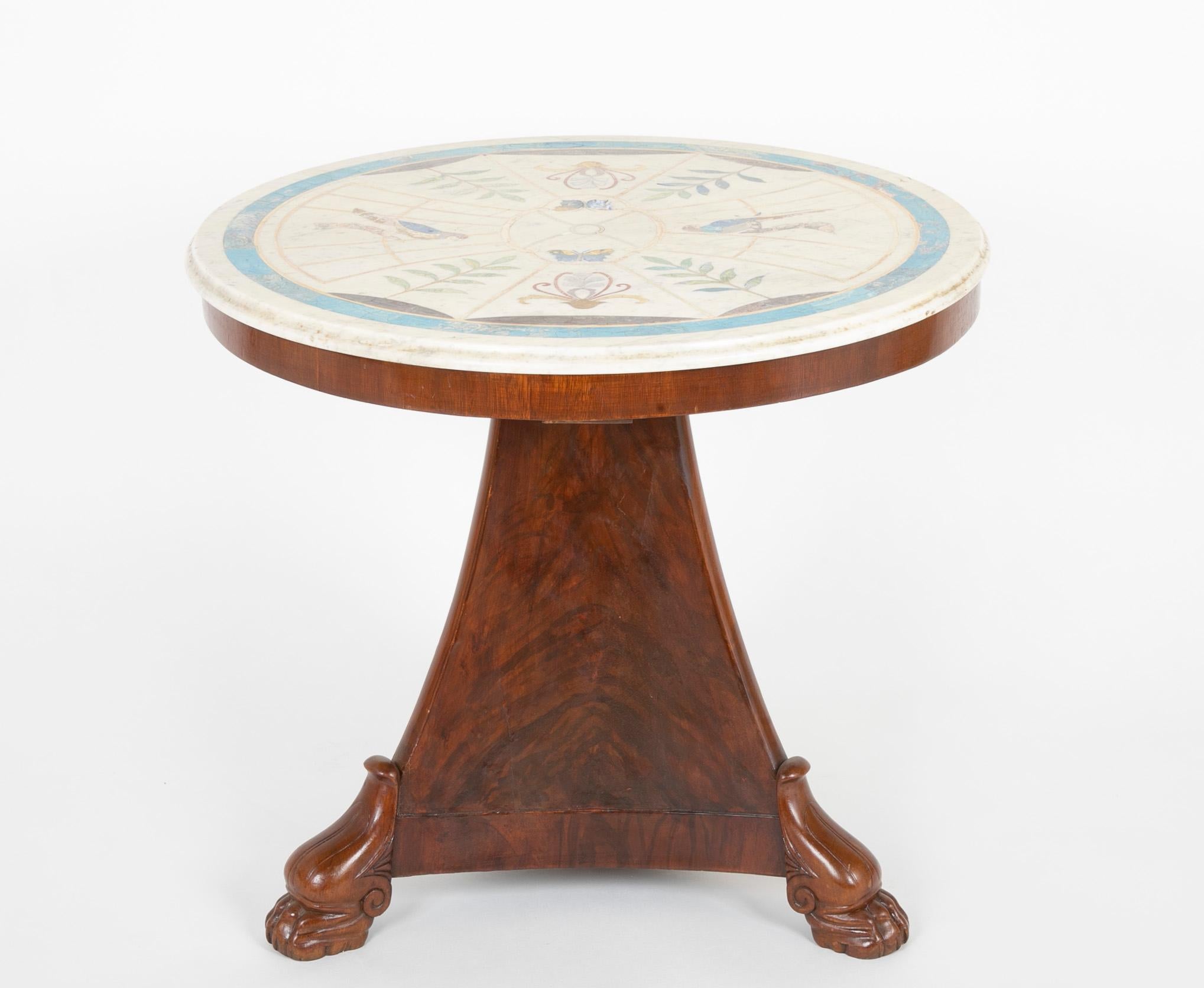 French Empire mahogany tripartite paw foot base table with rare Scagliola marble top, circa 1820s.