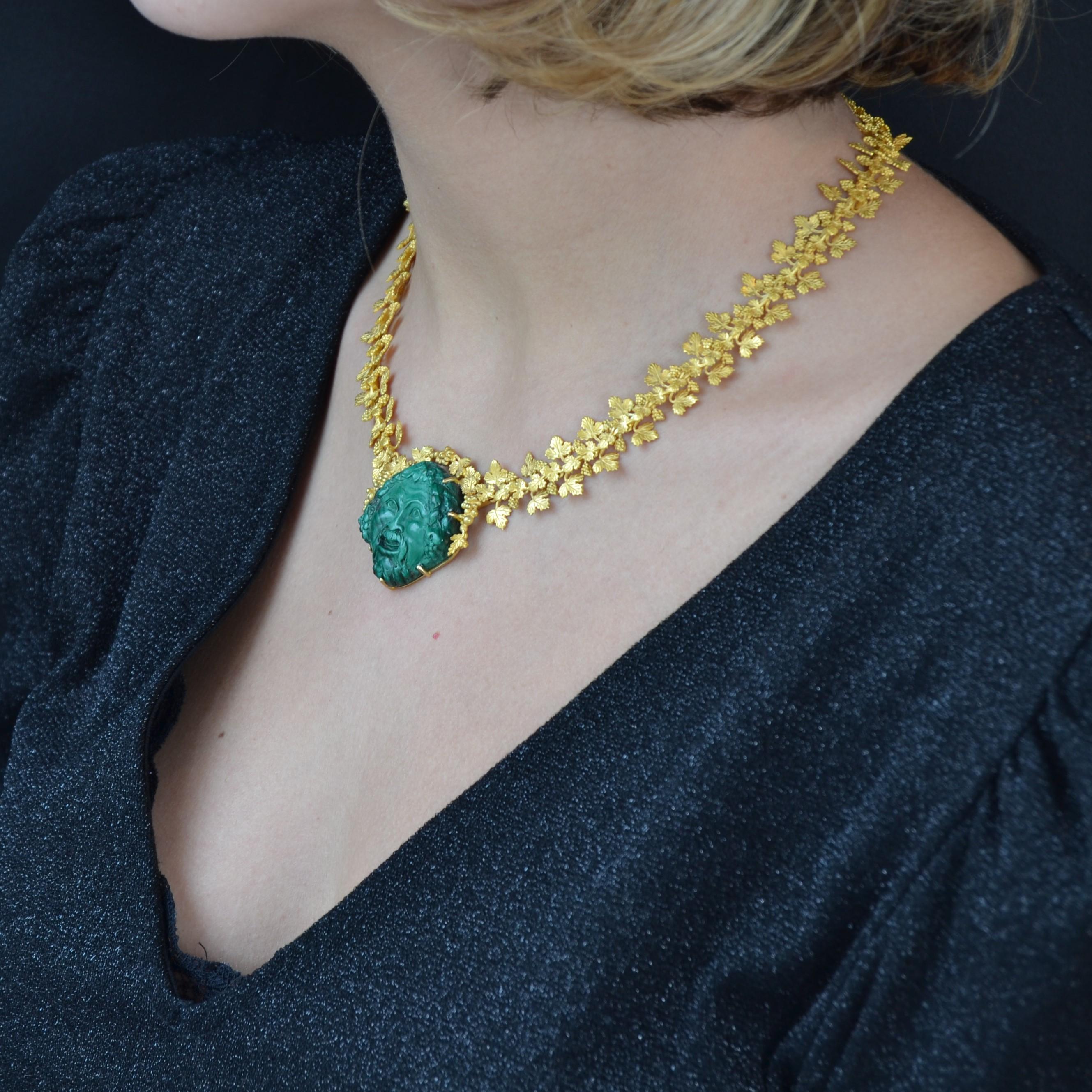 Uncut French Empire Malachite Cameo Gold Necklace For Sale