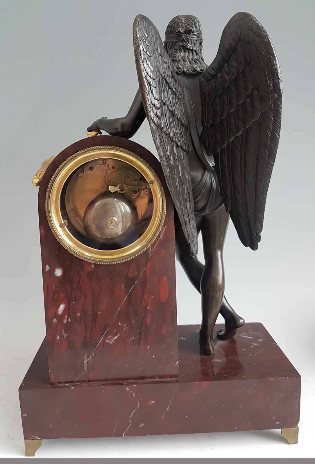 Early 19th Century French Empire Mantel Clock in Ormolu, Patinated Bronze and Marble, Signed Picnot For Sale