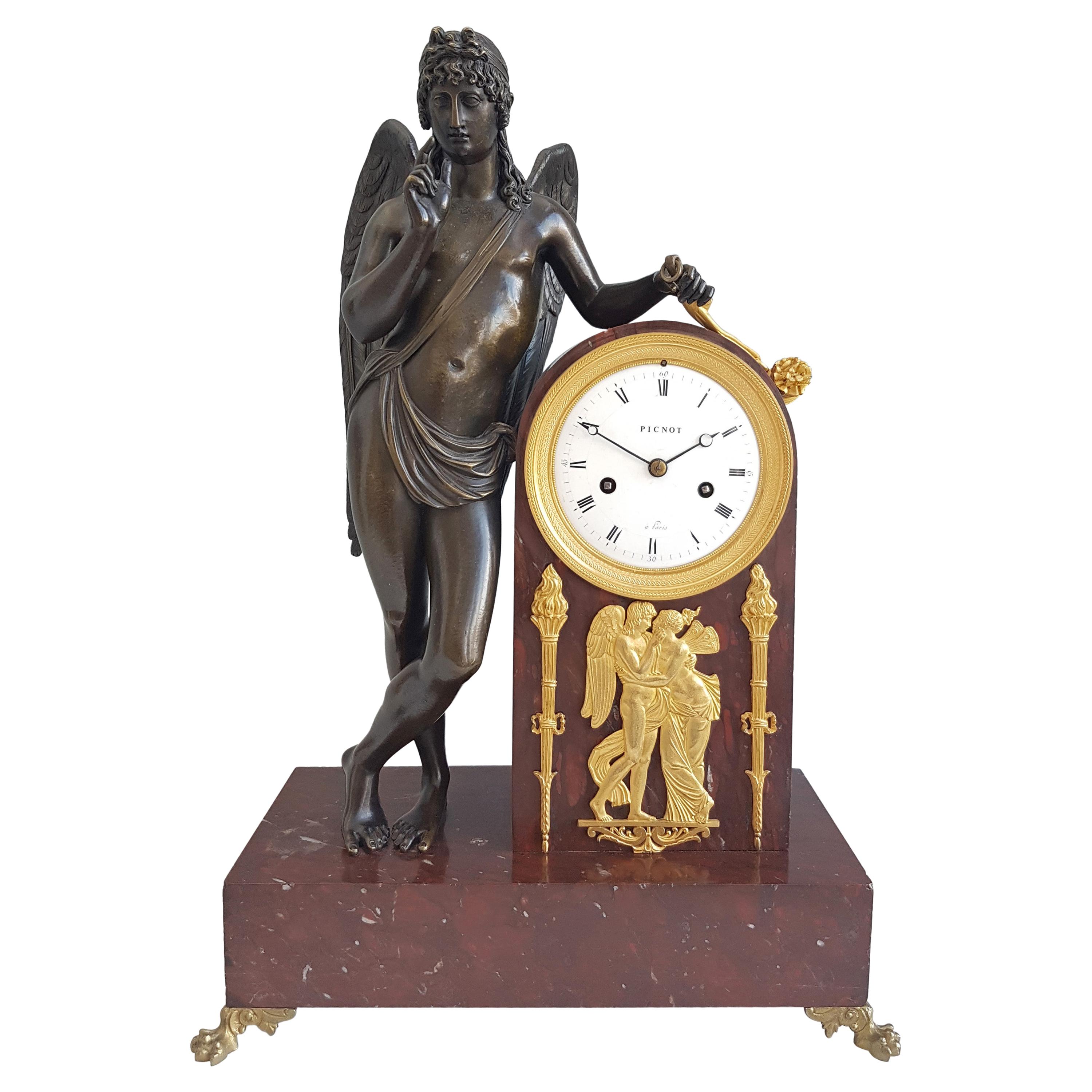 French Empire Mantel Clock in Ormolu, Patinated Bronze and Marble, Signed Picnot