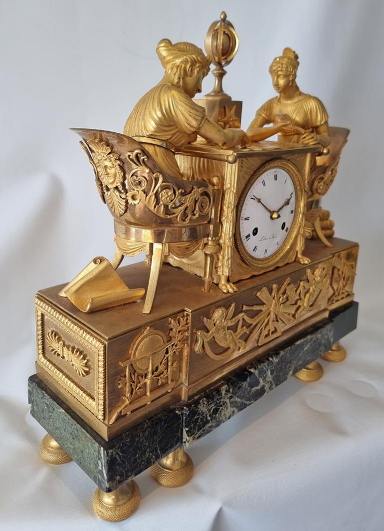 French Empire Antique ormolu & verd antico marble mantel clock of 