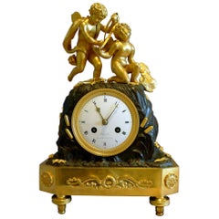 Antique French Empire Mantel Clock of Two Cupids Signed Coeur