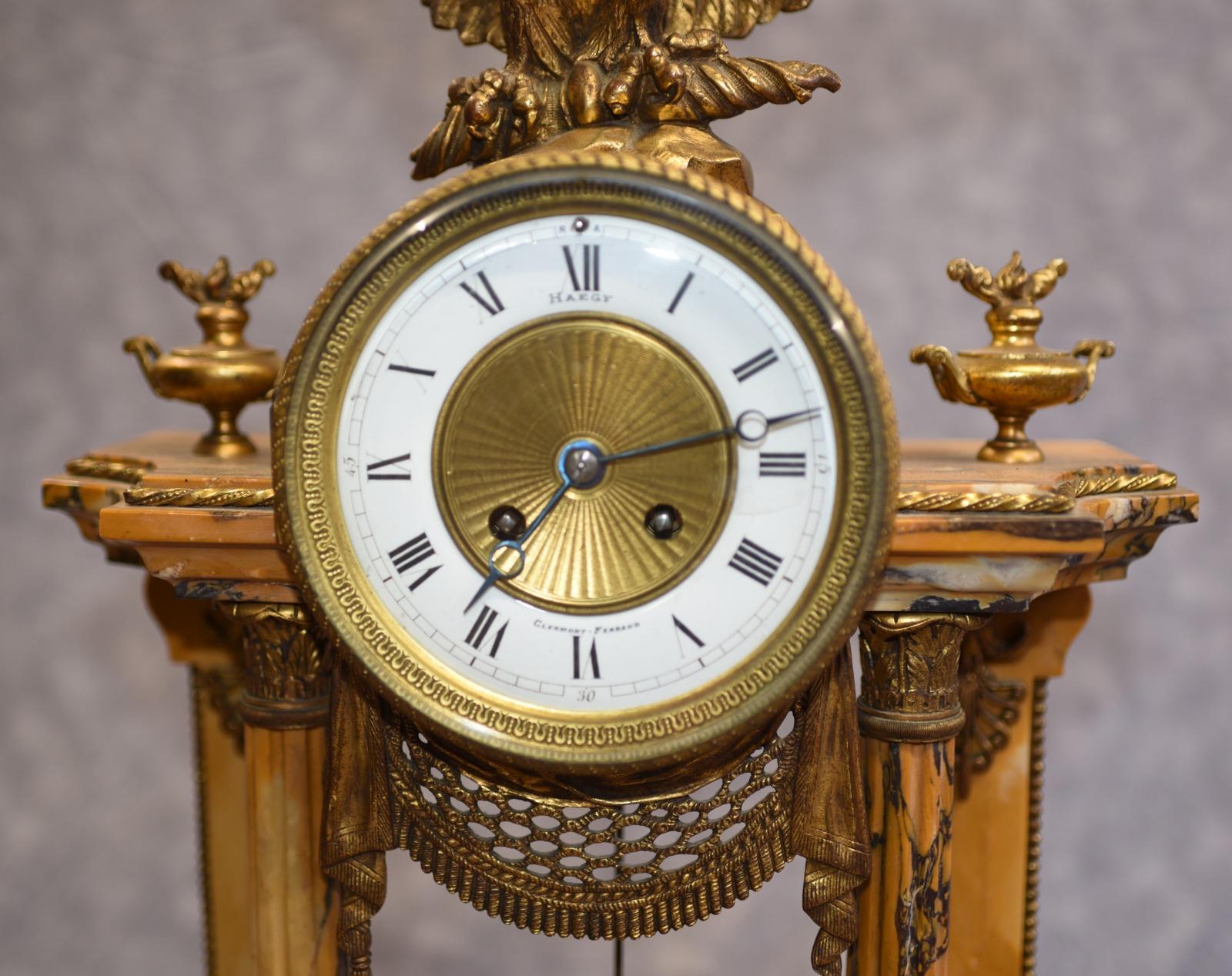 Late 19th Century French Empire Marble Mantle Clock Garniture Set Gilt Eagle
