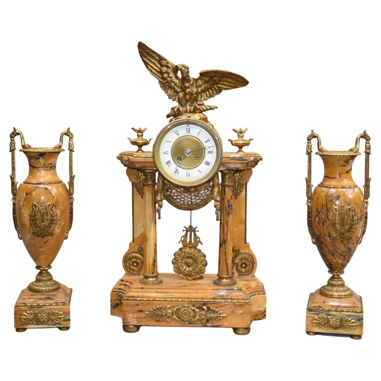 French Empire Marble Mantle Clock Garniture Set Gilt Eagle