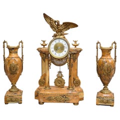 Antique French Empire Marble Mantle Clock Garniture Set Gilt Eagle