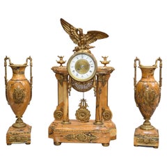 French Empire Marble Mantle Clock Garniture Set Gilt Eagle