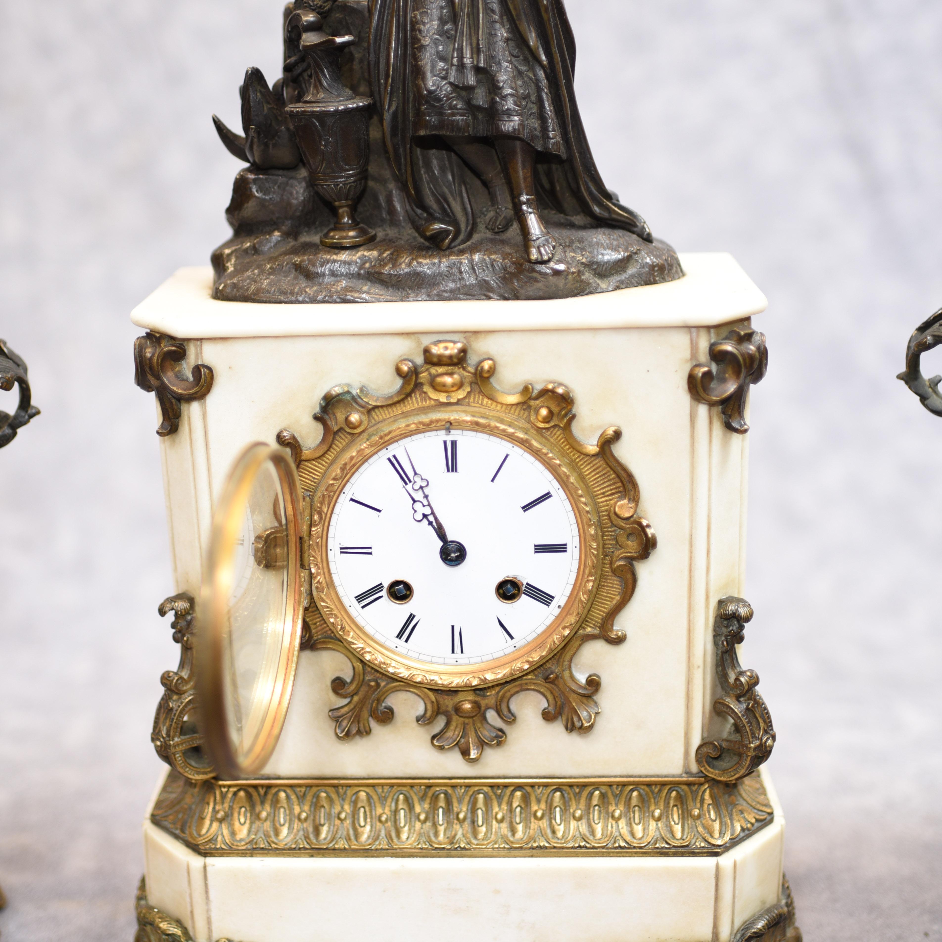 French Empire Marble Ormolu Mantle Clock Set Bronze Figurine For Sale 1