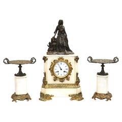 French Empire Marble Ormolu Mantle Clock Set Bronze Figurine