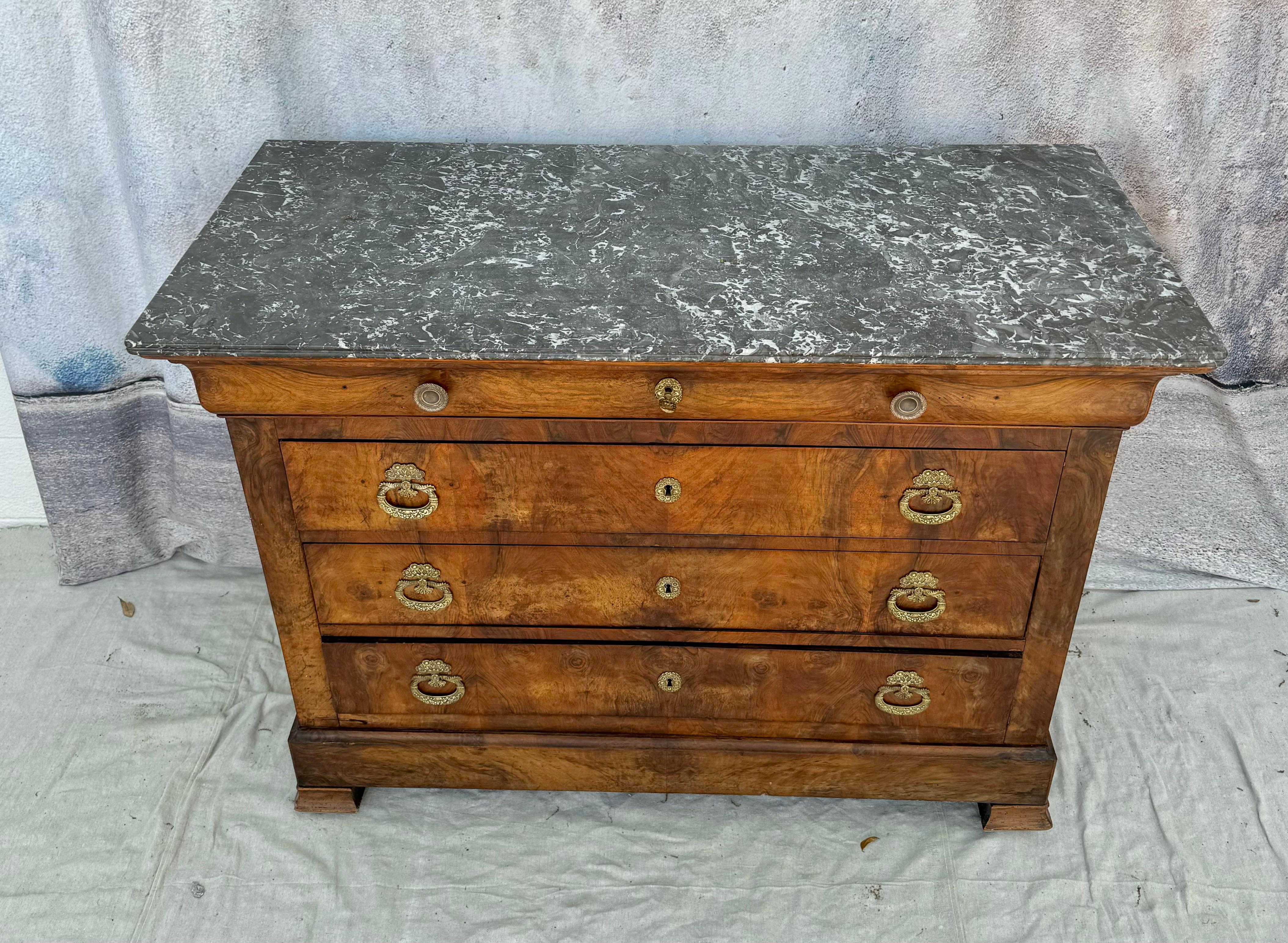 French Empire Marble Top Walnut Commode In Good Condition In Bradenton, FL