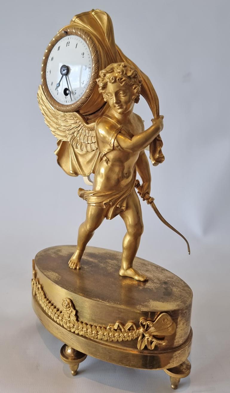 French Empire Miniature Mantel Clock of Cupid Carrying Time In Good Condition In London, GB