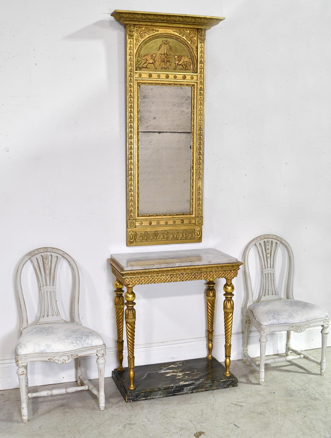 Hand-Carved French Empire Mirror & Swedish Gustavian Console in Giltwood