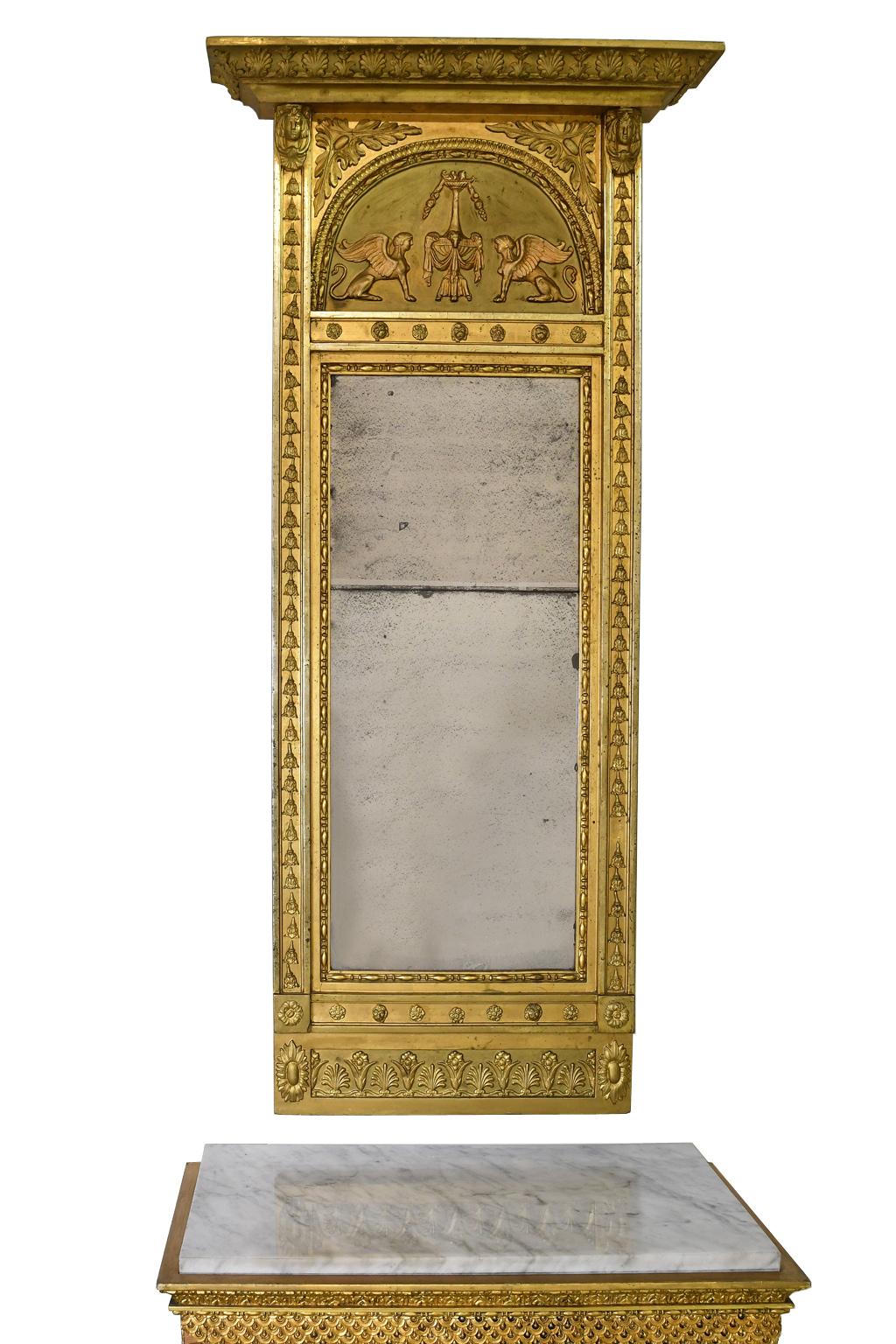 Late 18th Century French Empire Mirror & Swedish Gustavian Console in Giltwood