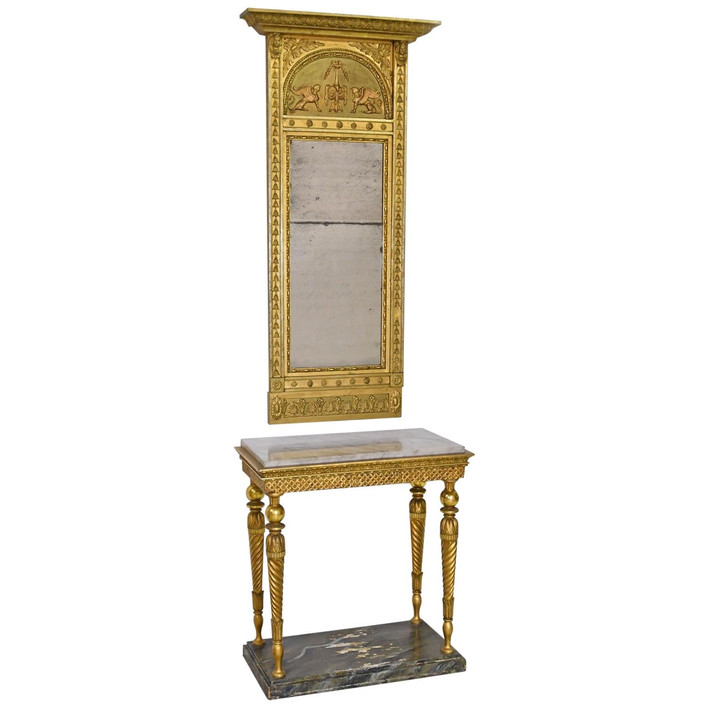 French Empire Mirror & Swedish Gustavian Console in Giltwood