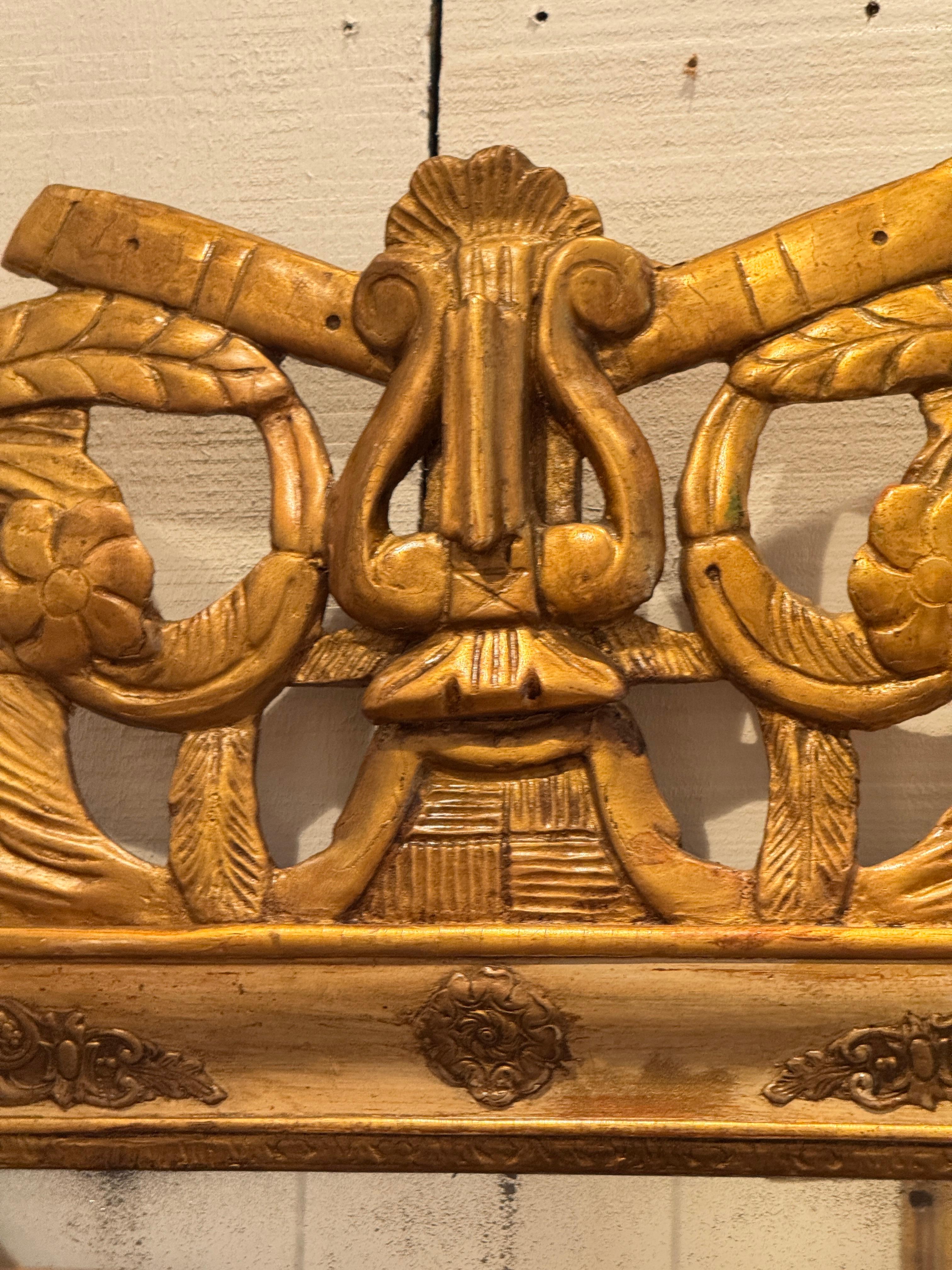 Wood French Empire Mirror With Carved Lyre Motif at Crest For Sale