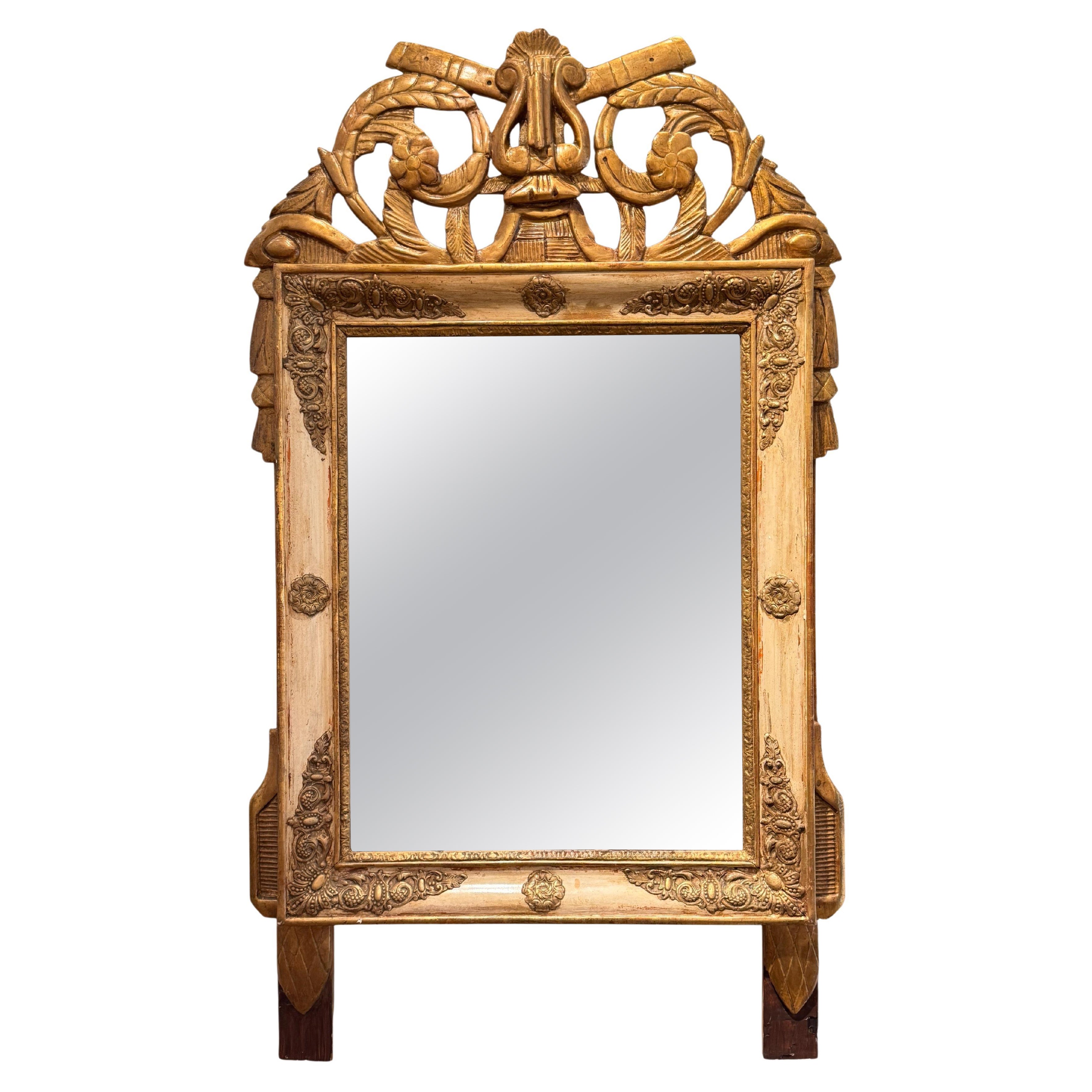French Empire Mirror With Carved Lyre Motif at Crest For Sale
