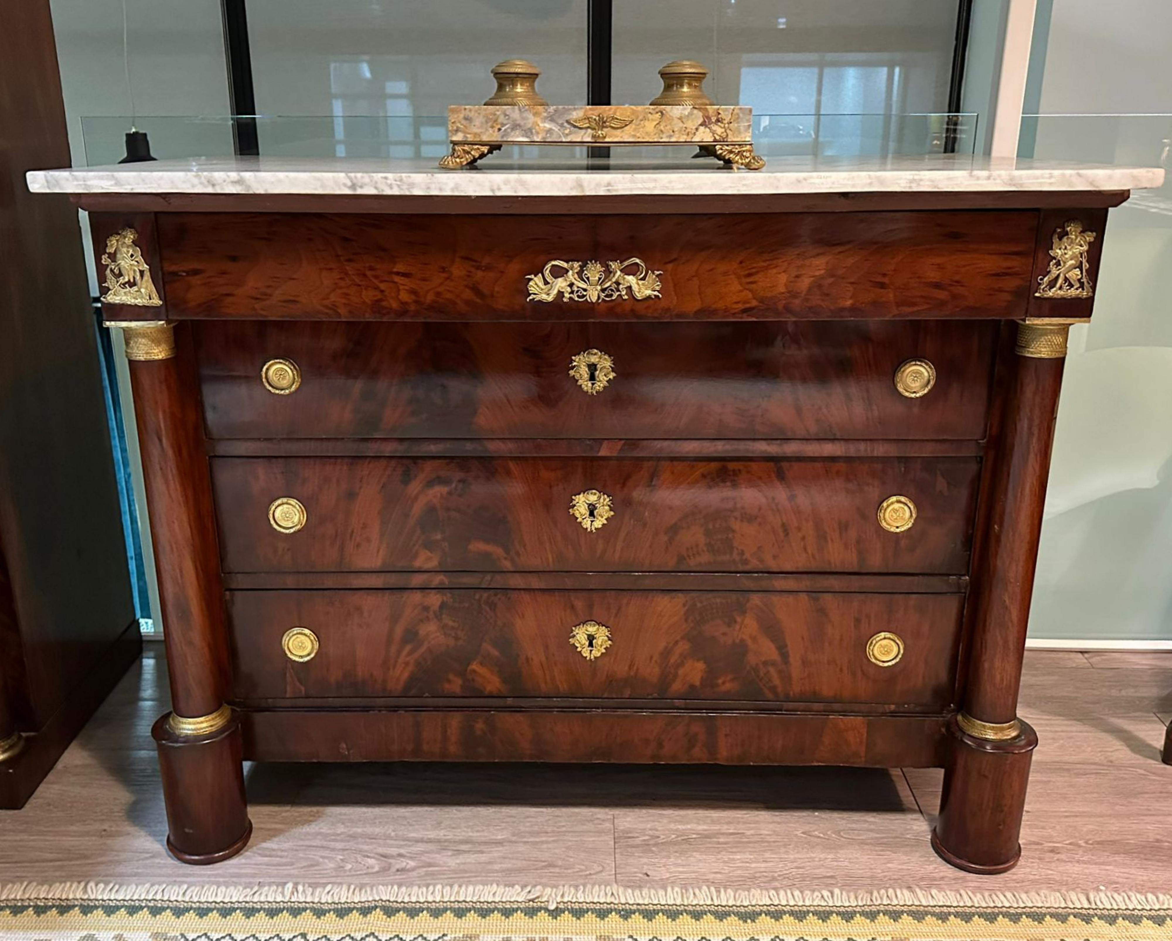 Title: French Empire Napoleon III Commode
Date/Period: 19th century
Dimension: 90cm x 63cm x 120cm
Materials: walnut wood and marble
Additional information: French. Empire Napoleon III style cabinet in walnut and marble (original) private colection