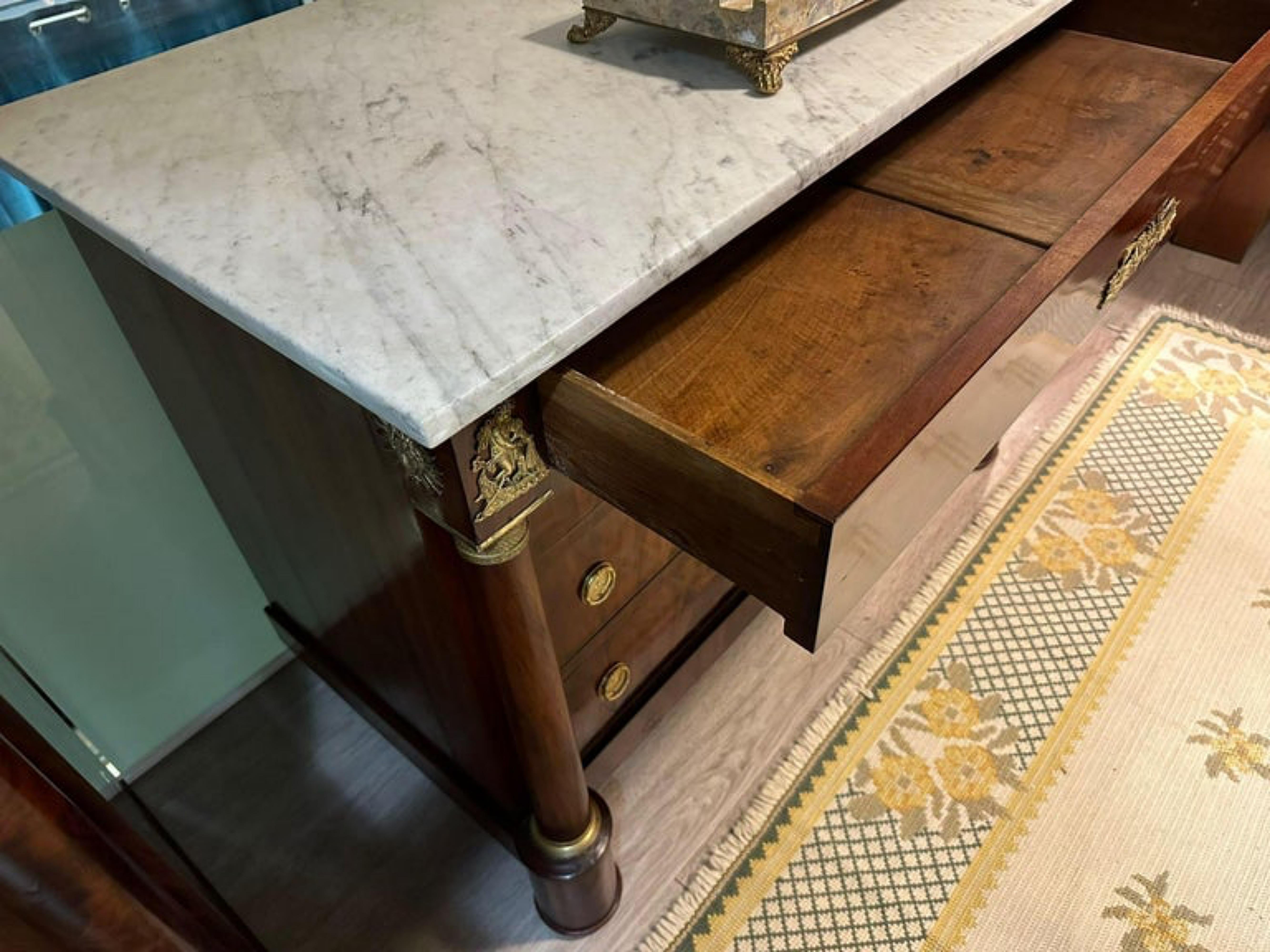 Title: French Empire Napoleon III Commode
Date/Period: 19th century
Dimension: 90cm x 63cm x 120cm
Materials: walnut wood and marble
Additional information: French. Empire Napoleon III style cabinet in walnut and marble (original) private colection