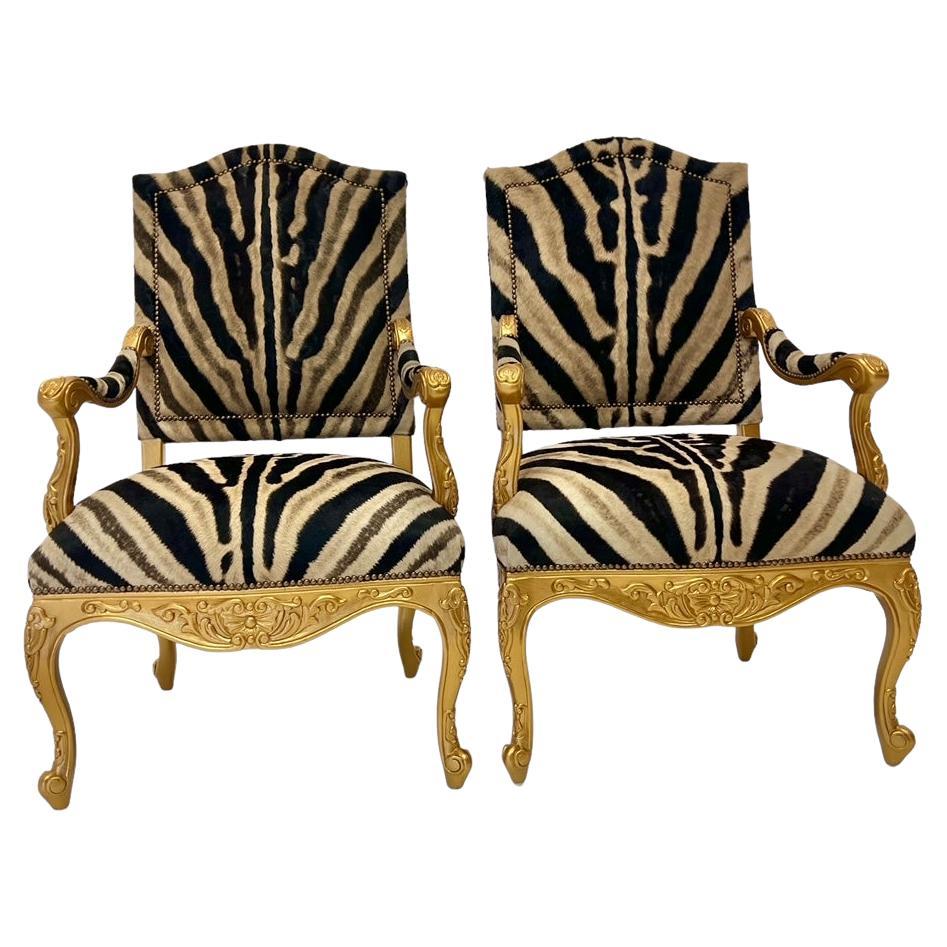 French Empire Napoleonic Style Chairs in South African Zebra Hide For Sale