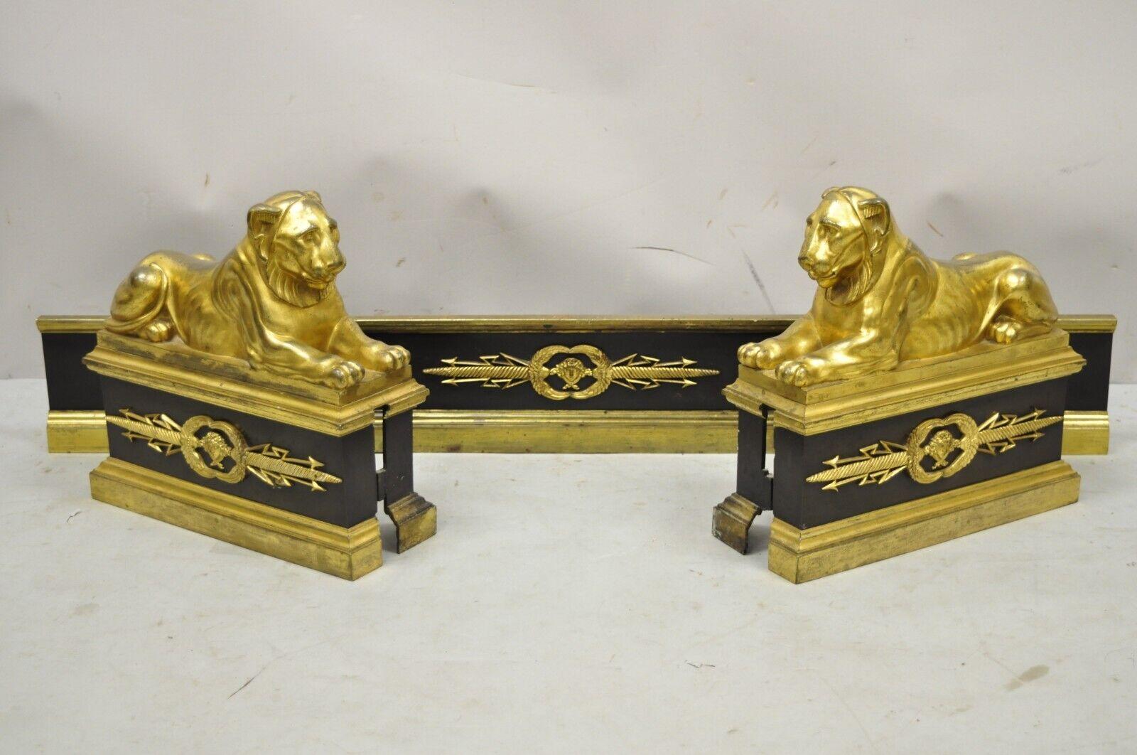 French Empire Neoclassical Bronze Lion Andirons Chenets with Fender, 3 Pc Set In Good Condition For Sale In Philadelphia, PA