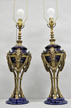 French Empire Neoclassical Bronze Ram Head Cobalt Blue Porcelain Table Lamp Pair