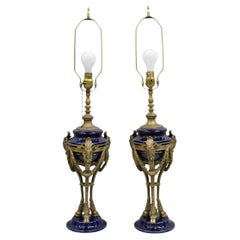 French Empire Neoclassical Bronze Ram Head Cobalt Blue Porcelain Table Lamp Pair