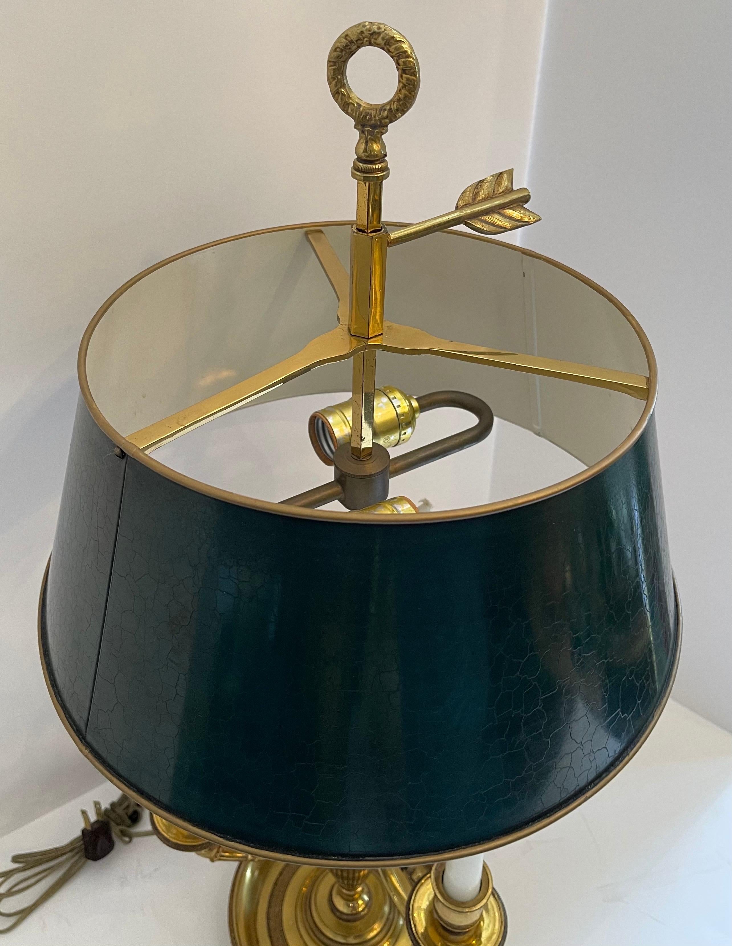 French Empire Neoclassical Bronze Three Candelabras Bouillotte Lamp Tole Shade In Good Condition For Sale In Roslyn, NY