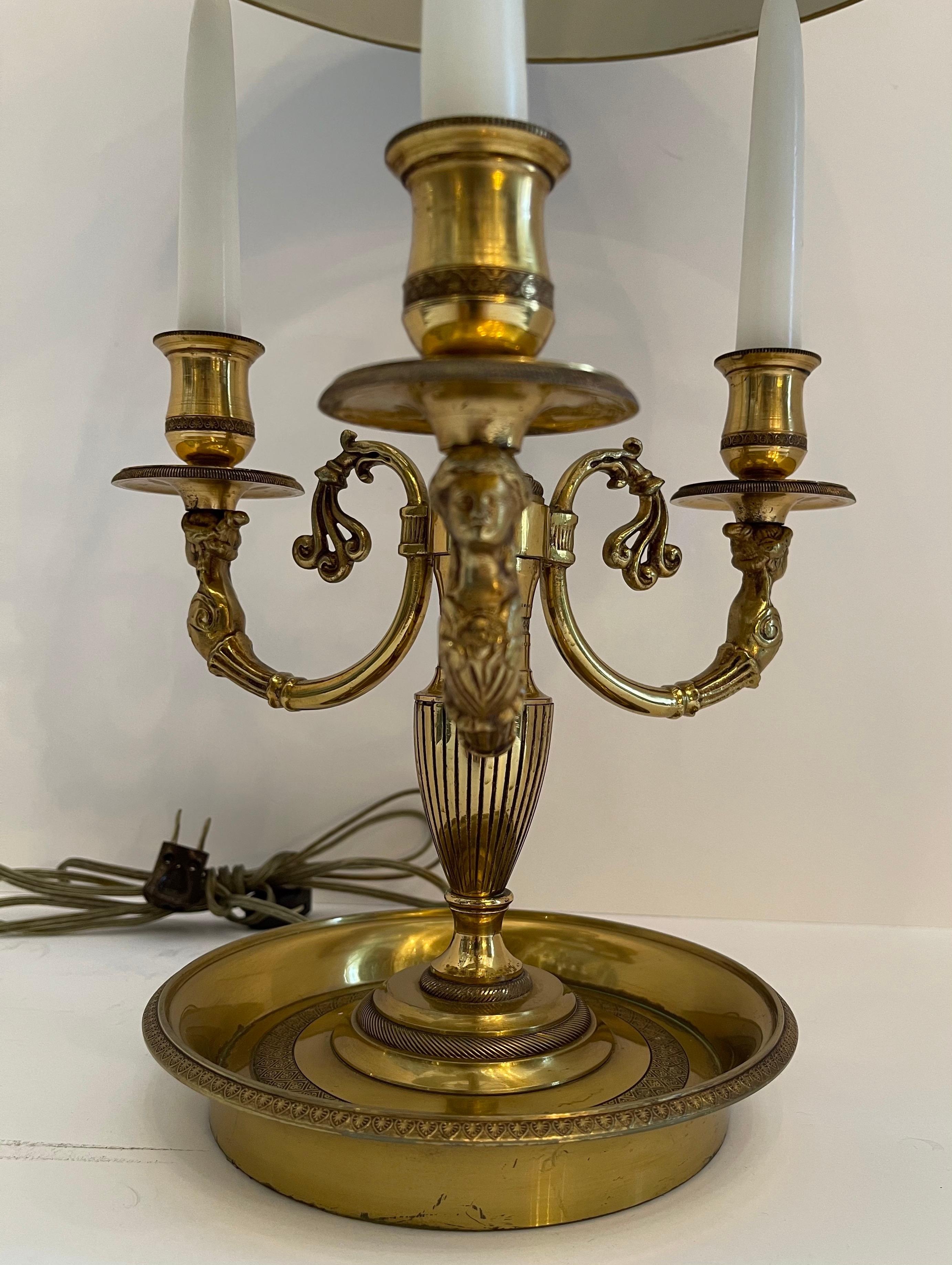20th Century French Empire Neoclassical Bronze Three Candelabras Bouillotte Lamp Tole Shade For Sale
