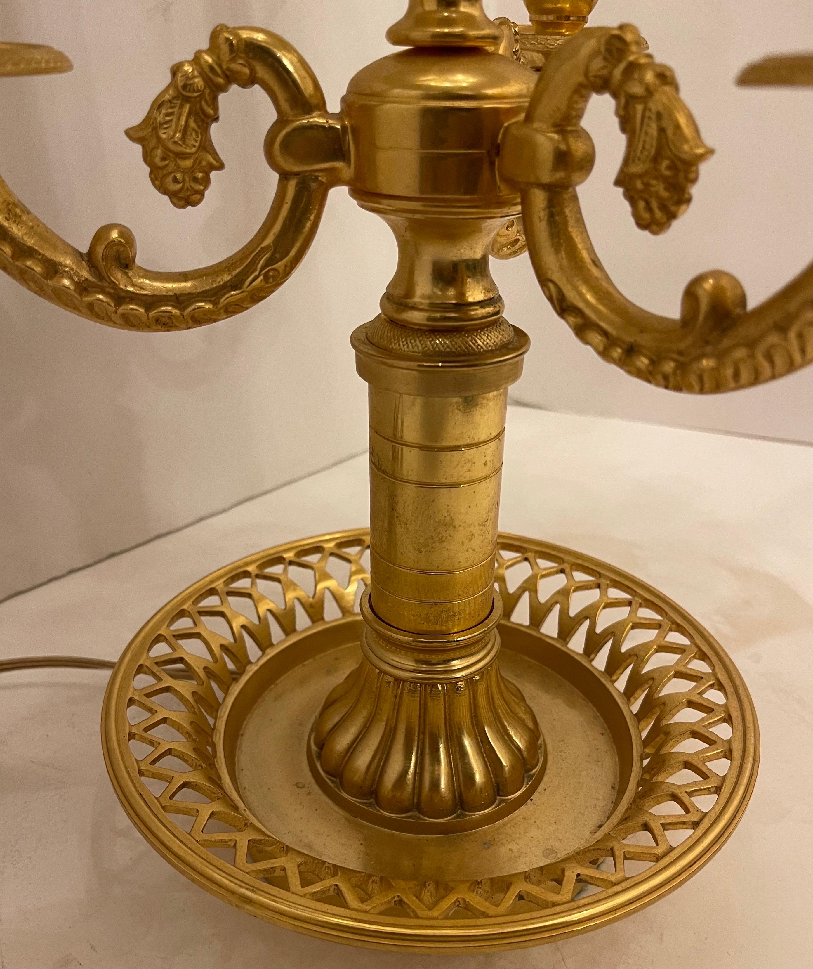 20th Century French Empire Neoclassical Bronze Three Candelabra Bouillotte Lamp Tole Shade For Sale
