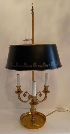 French Empire Neoclassical Bronze Three Candelabras Bouillotte Lamp Tole Shade