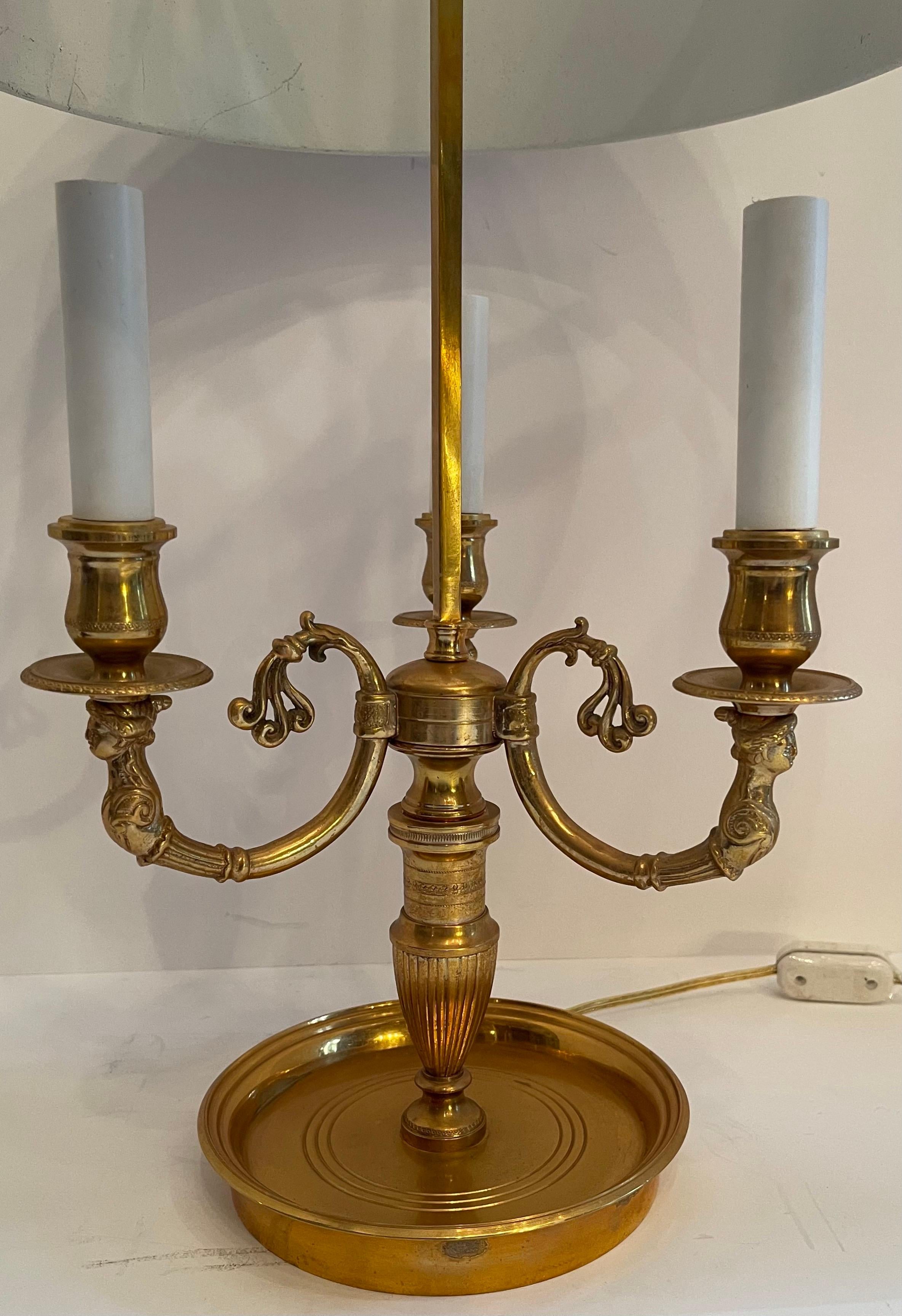 Regency French Empire Neoclassical Bronze Three Candelabras Bouillotte Lamp Tole Shade For Sale
