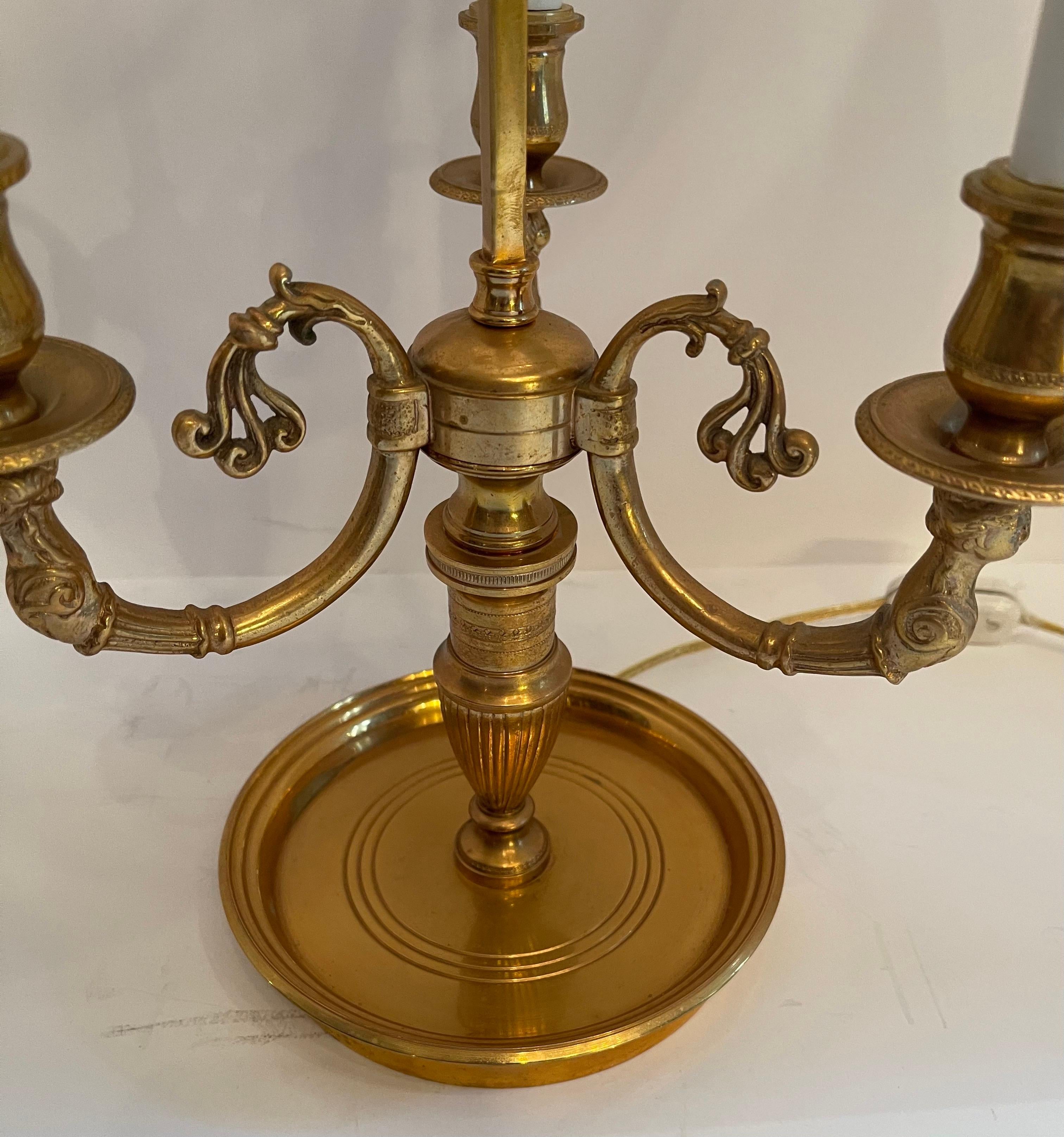 Italian French Empire Neoclassical Bronze Three Candelabras Bouillotte Lamp Tole Shade For Sale