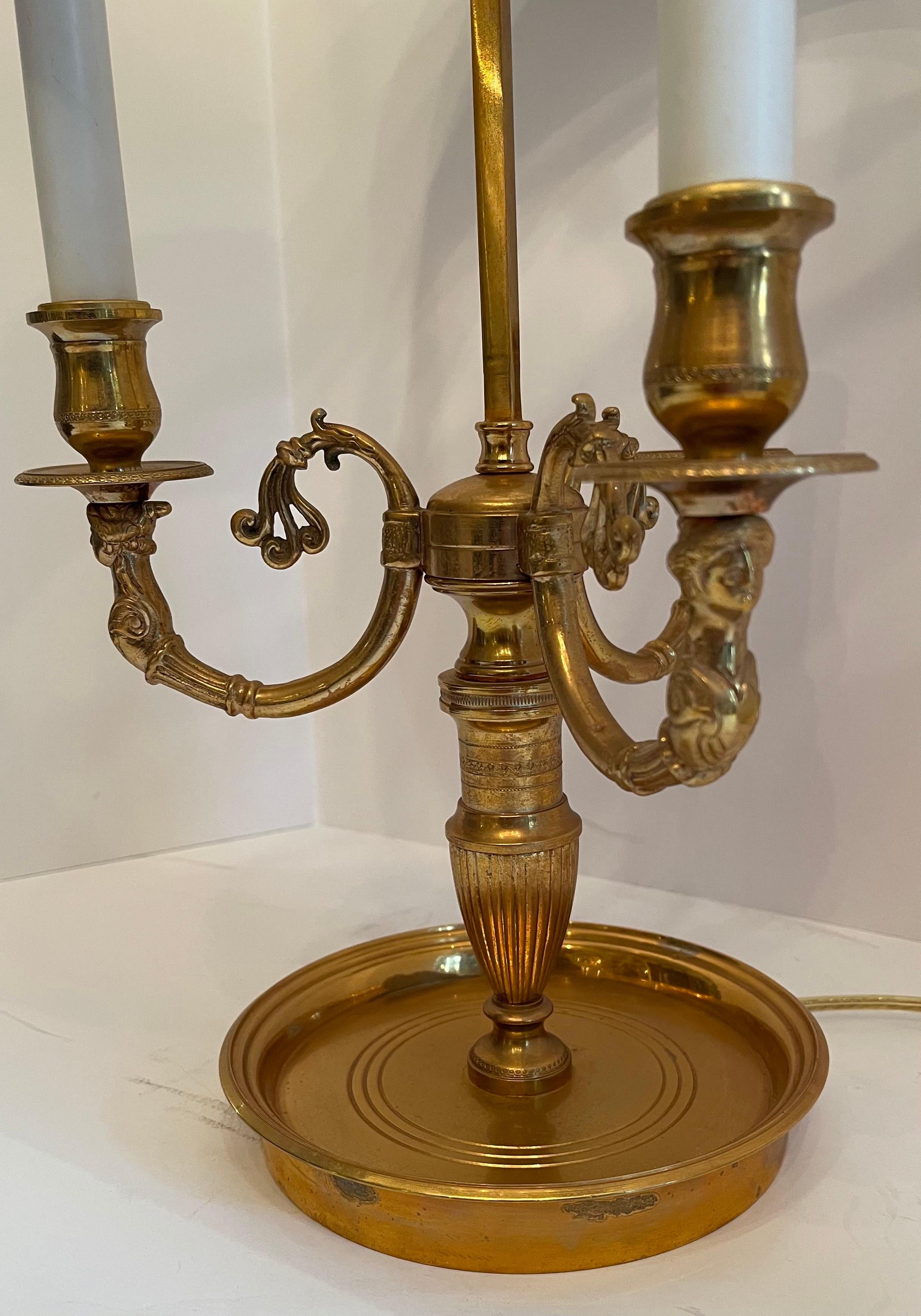Gilt French Empire Neoclassical Bronze Three Candelabras Bouillotte Lamp Tole Shade For Sale