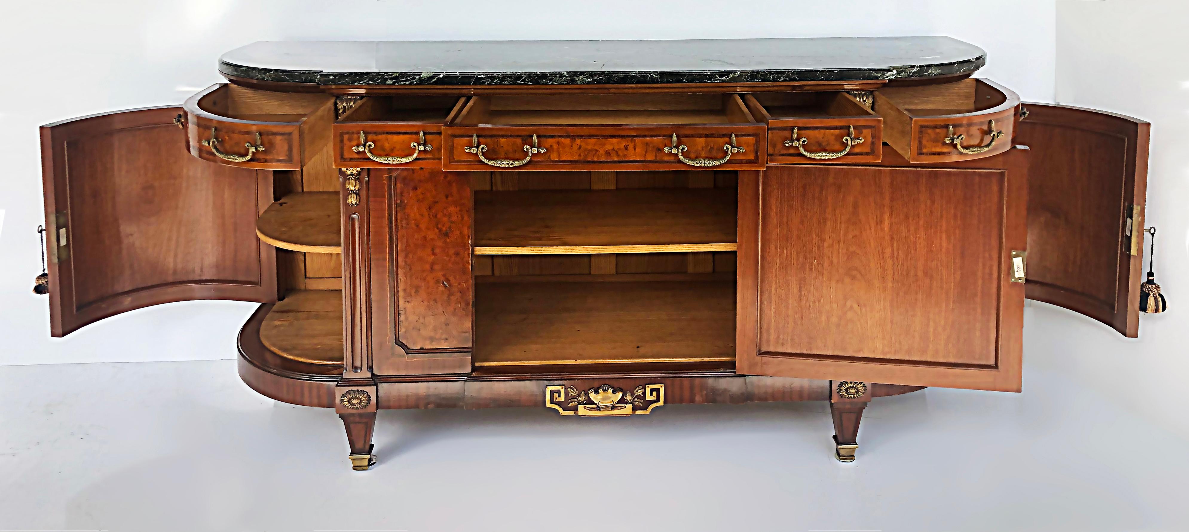 Empire Revival French Empire Neoclassical Burl Buffet, Marble, Gilt Bronze Mounts