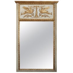 French Empire Neoclassical Carved Giltwood and Whitewash Trumeau Mirror