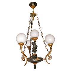 French Empire Neoclassical Cherub Putti Patinated & Gilt Solid Bronze Chandelier