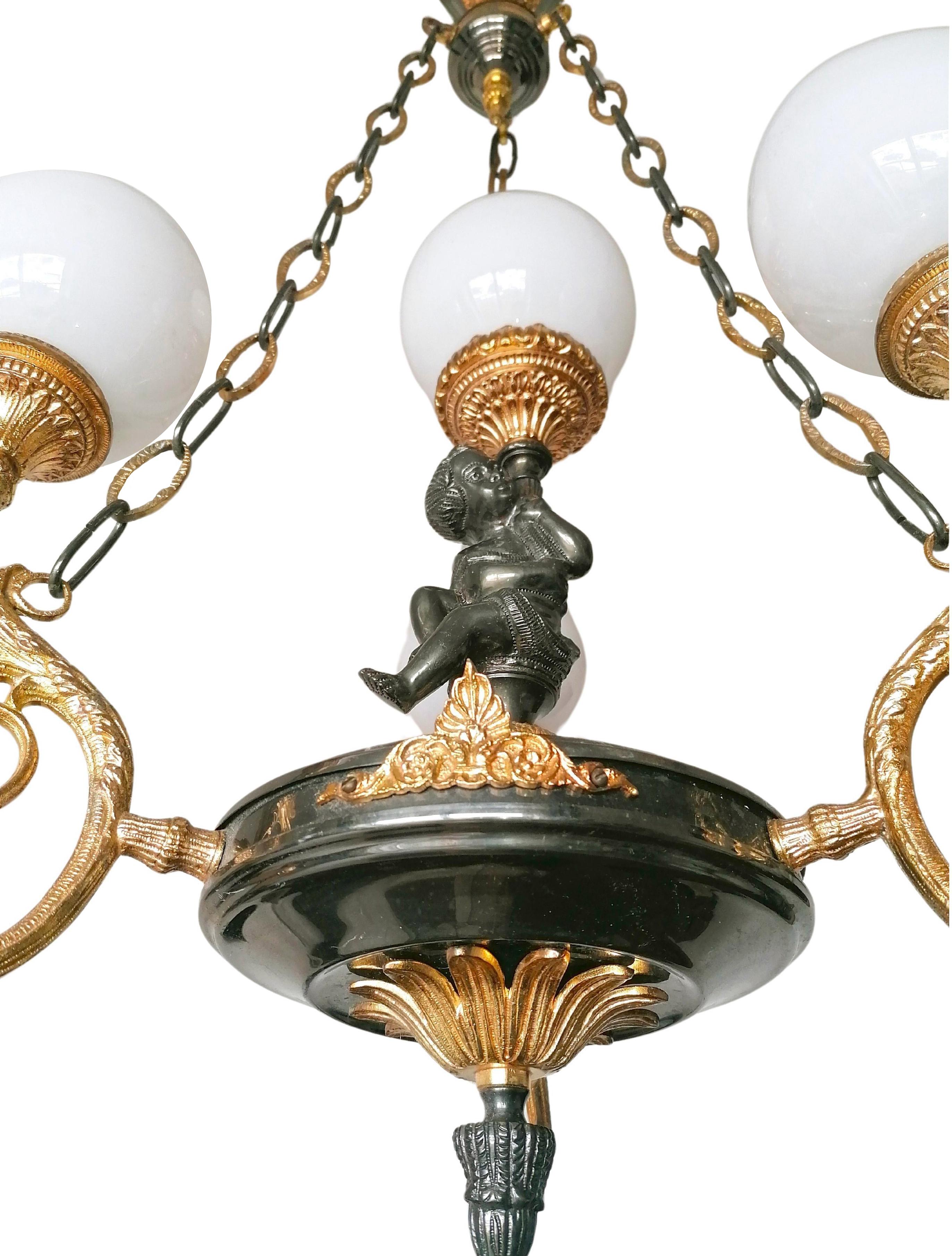 Art Nouveau French Empire Neoclassical Cherub Putti Patinated & Gilt Solid Bronze Chandelier For Sale