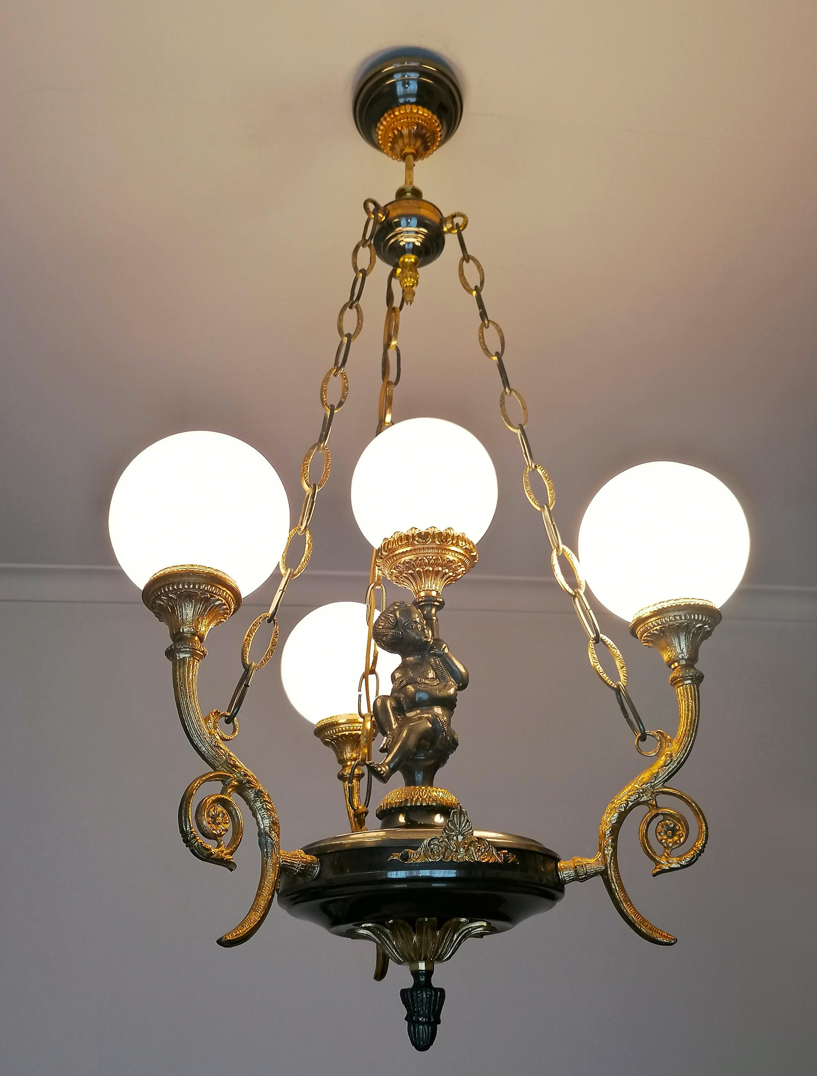 French Empire Neoclassical Cherub Putti Patinated & Gilt Solid Bronze Chandelier For Sale 2