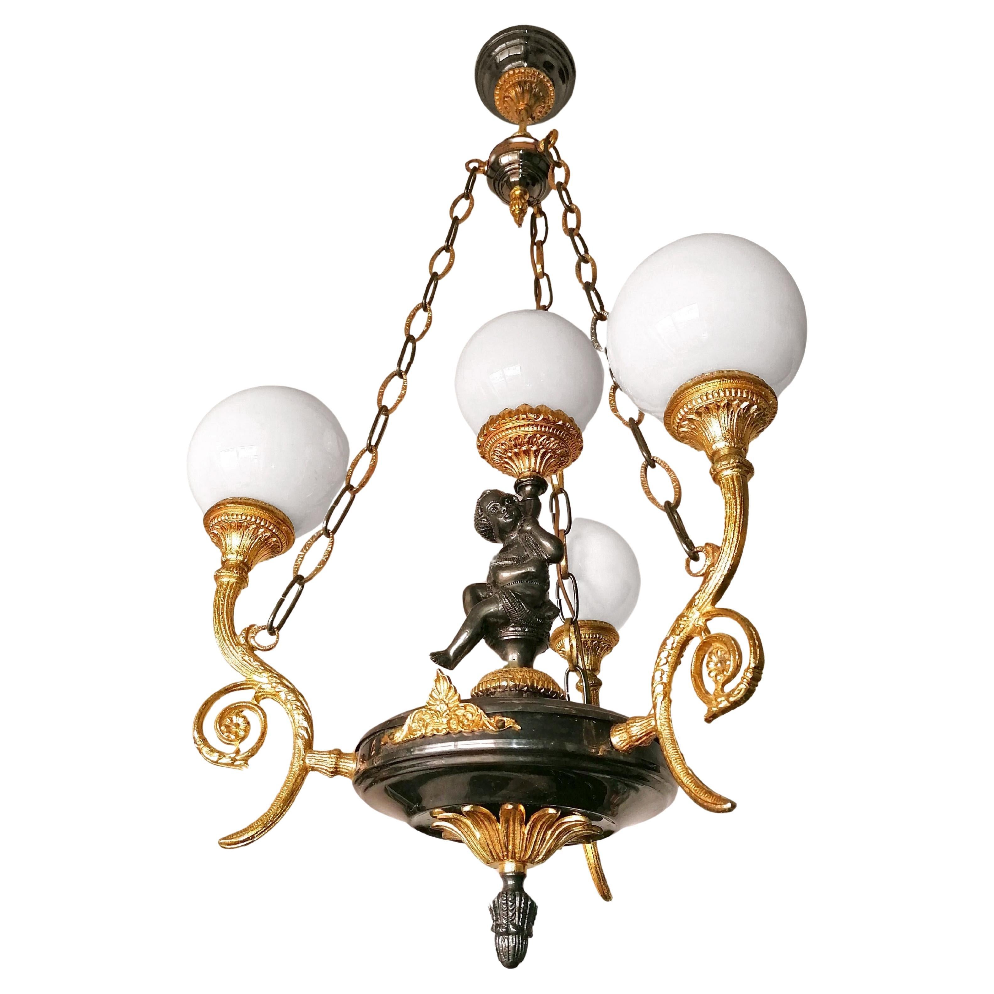 French Empire Neoclassical Cherub Putti Patinated & Gilt Solid Bronze Chandelier For Sale